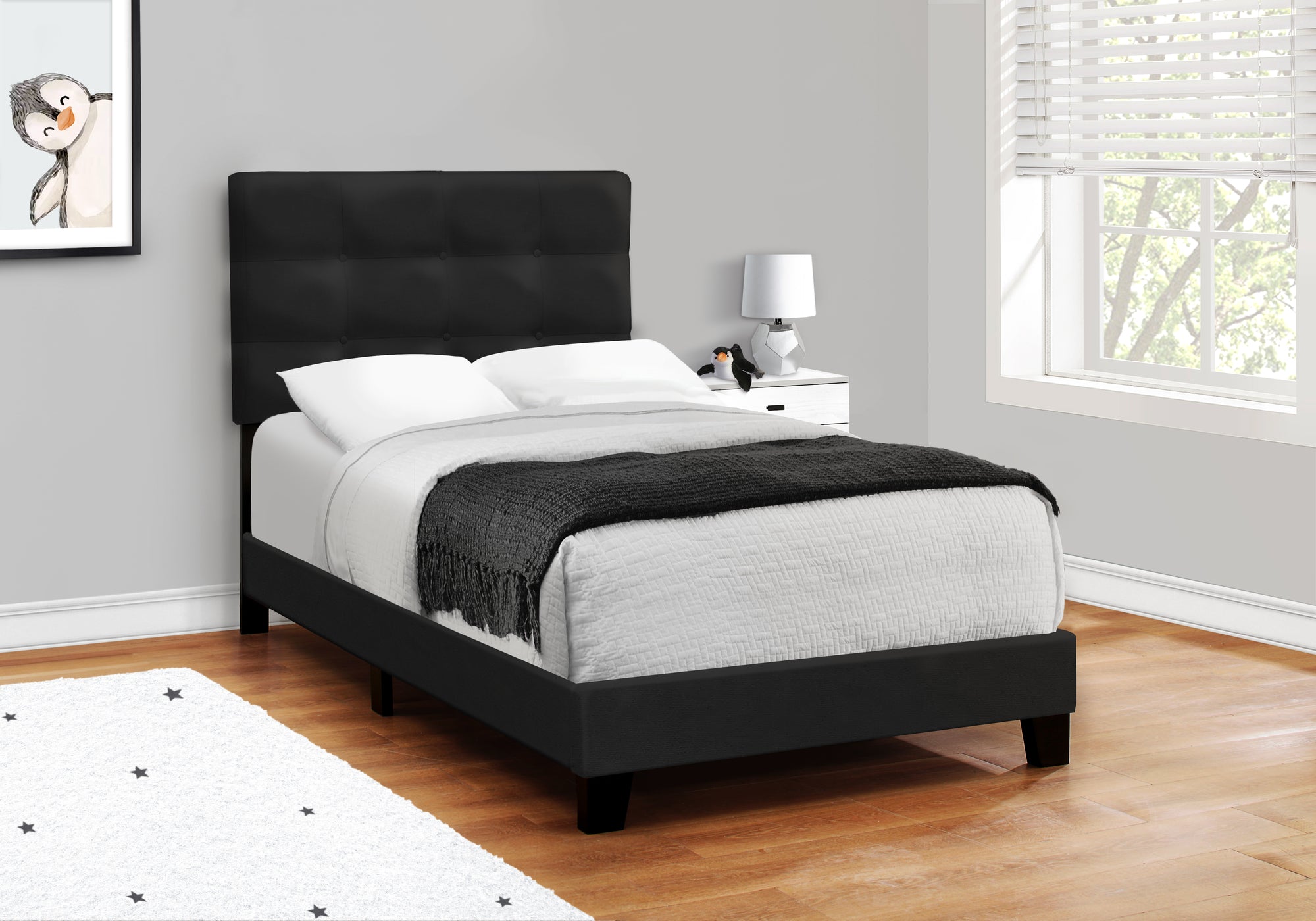 MN-Q545924T    Bed, Twin Size, Upholstered, Bedroom, Frame Only, Youth, Teen, Juvenile, Black Velvet, Transitional