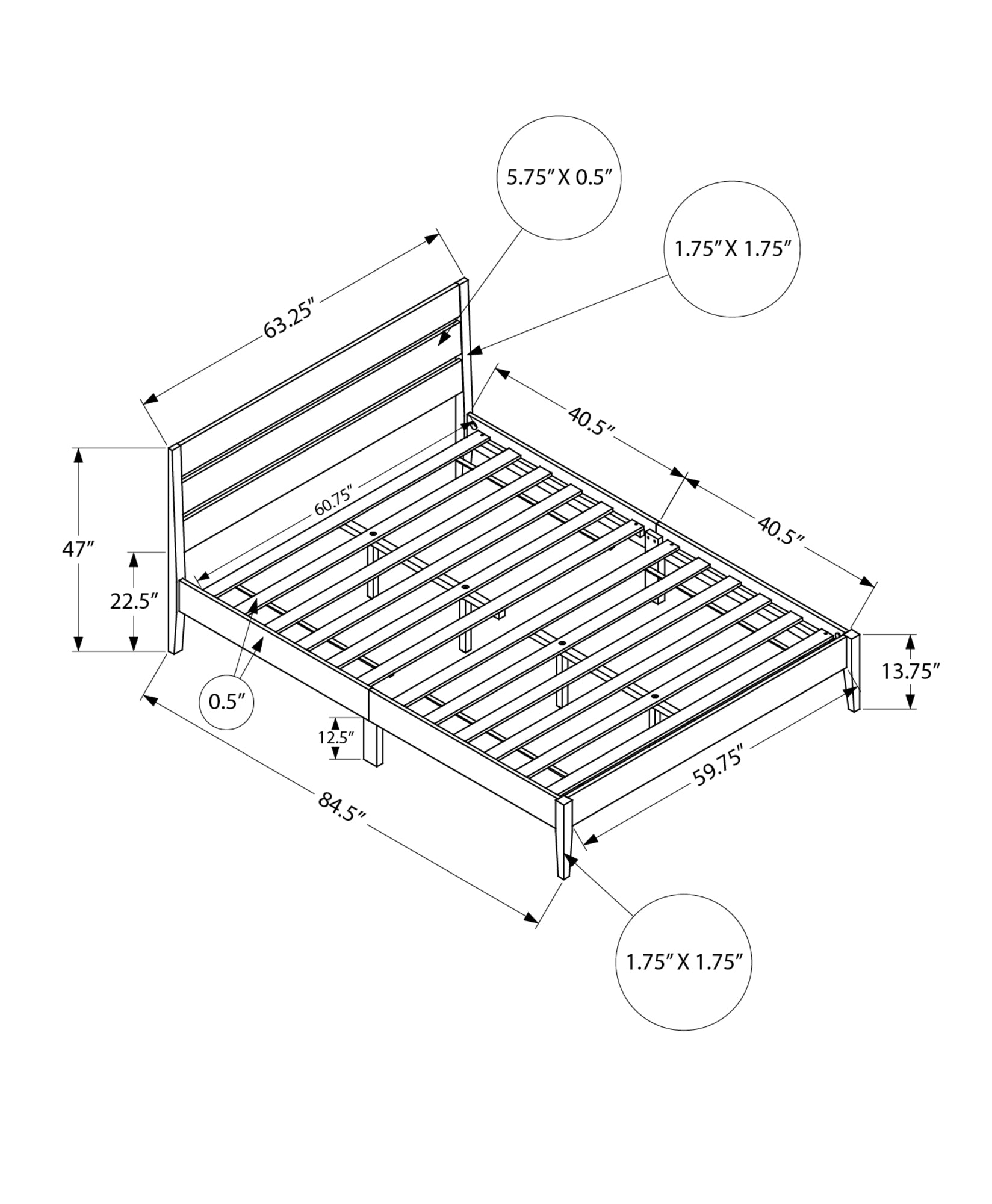 MN-F366066Q    Bed, Queen Size, Frame Only, Platform Bed, Bedroom, Walnut Solid Wood Legs, Walnut Wood Frame, Contemporary, Modern