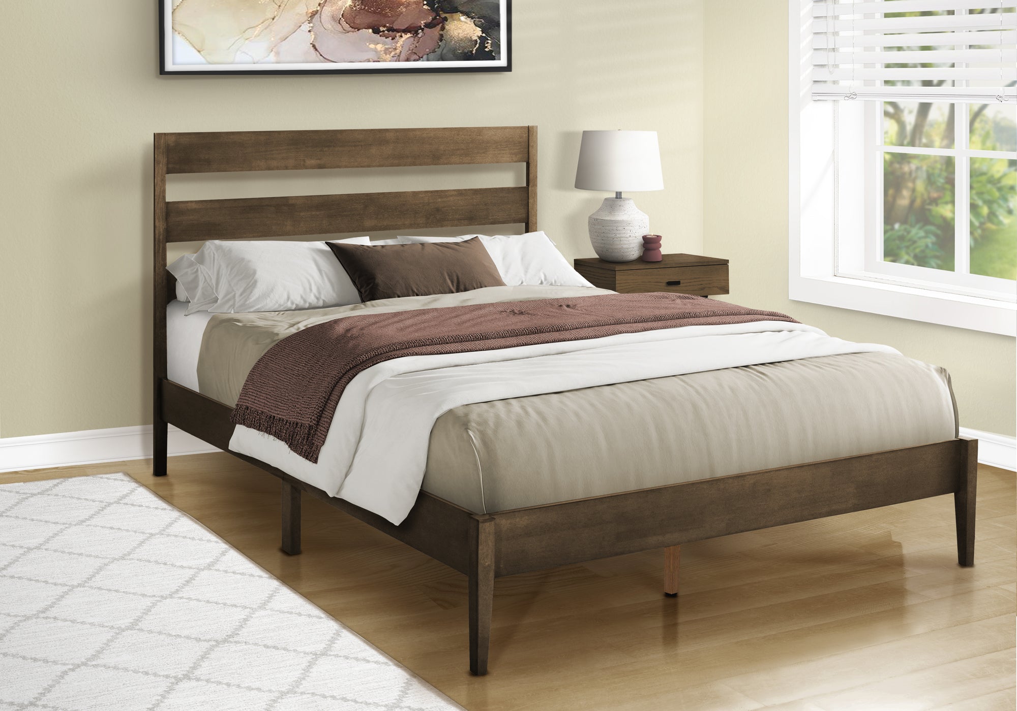 MN-F366066Q    Bed, Queen Size, Frame Only, Platform Bed, Bedroom, Walnut Solid Wood Legs, Walnut Wood Frame, Contemporary, Modern