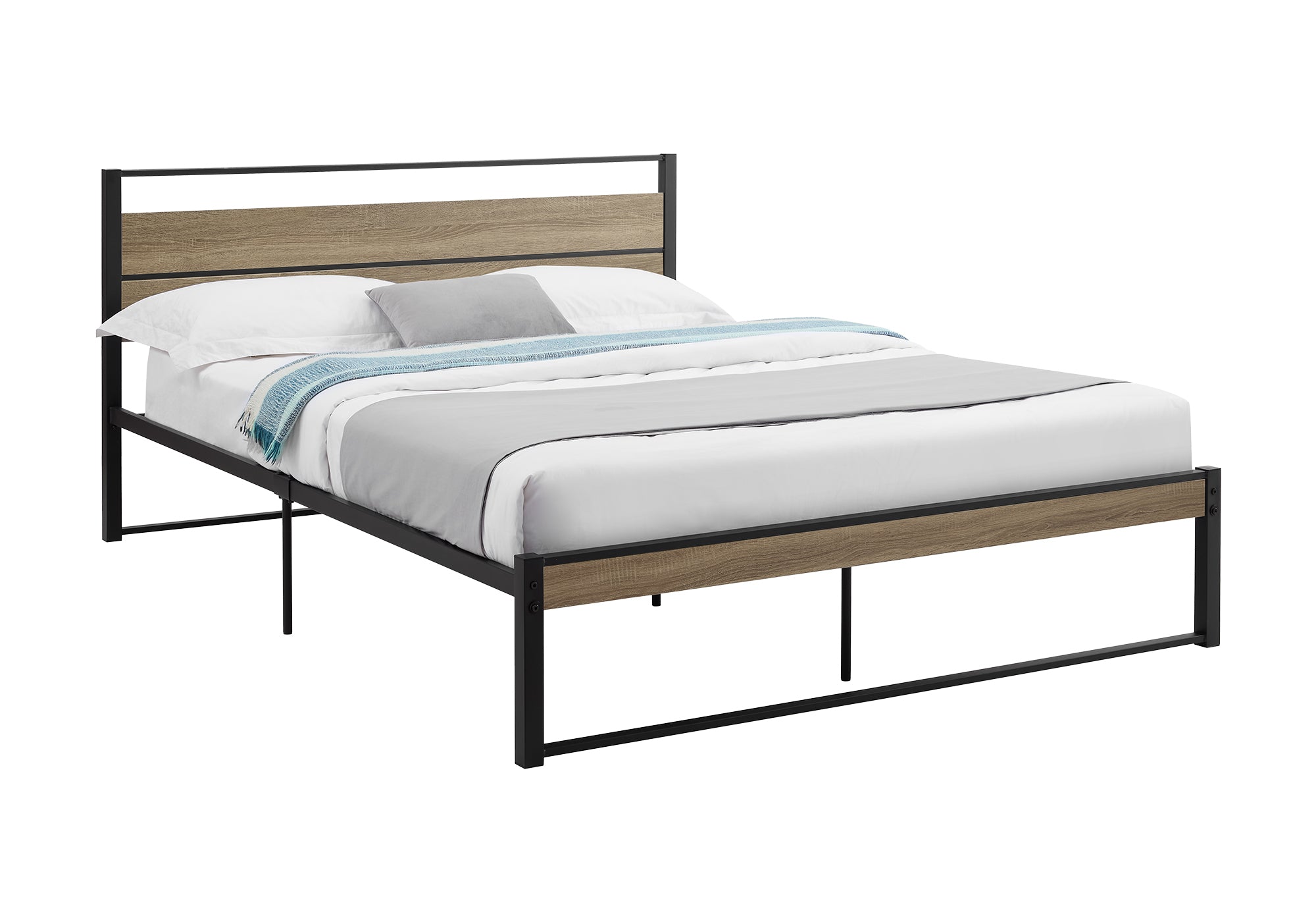 MN-E306070Q    Bed, Bedroom, Frame Only, Platform Bed, Queen Size, Dark Taupe Laminate, Black Metal, Contemporary, Modern