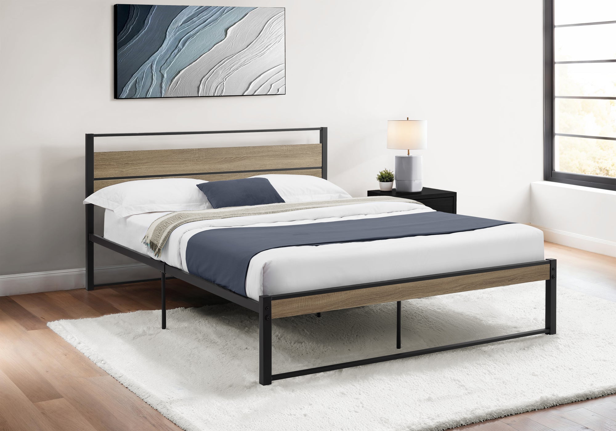 MN-E306070Q    Bed, Bedroom, Frame Only, Platform Bed, Queen Size, Dark Taupe Laminate, Black Metal, Contemporary, Modern