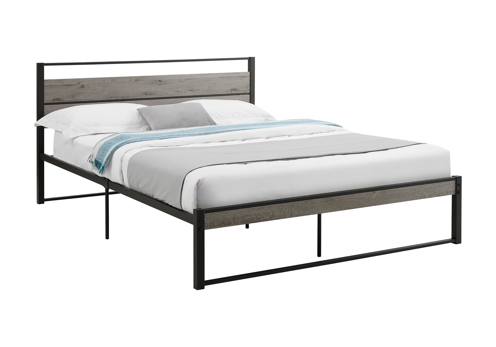 MN-E306071Q    Bed, Bedroom, Frame Only, Platform Bed, Queen Size, Grey Laminate, Black Metal, Contemporary, Modern