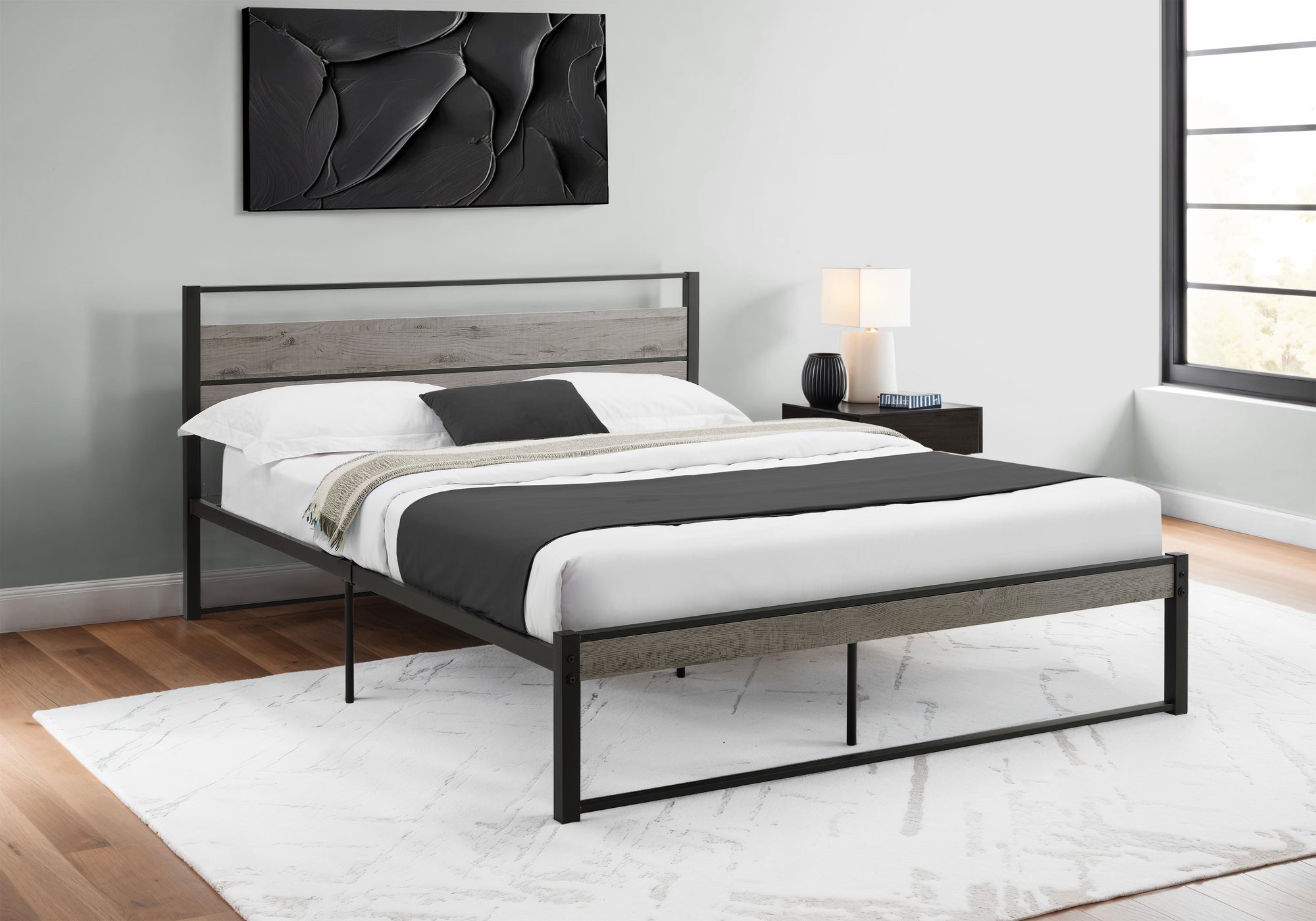 MN-E306071Q    Bed, Bedroom, Frame Only, Platform Bed, Queen Size, Grey Laminate, Black Metal, Contemporary, Modern