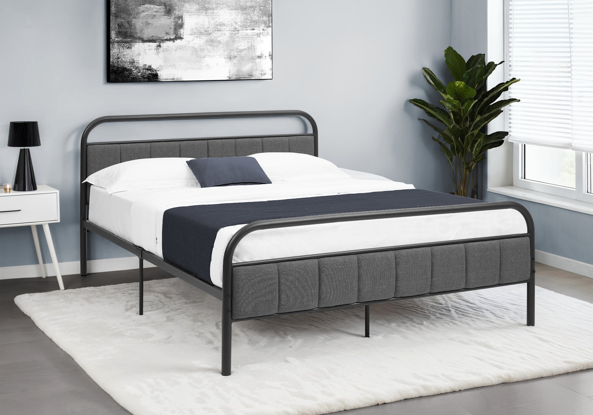 MN-406075Q    Bed, Queen Size, Upholstered, Bedroom, Platform Bed, Frame Only, Grey Linen Look, Black Metal, Contemporary, Modern