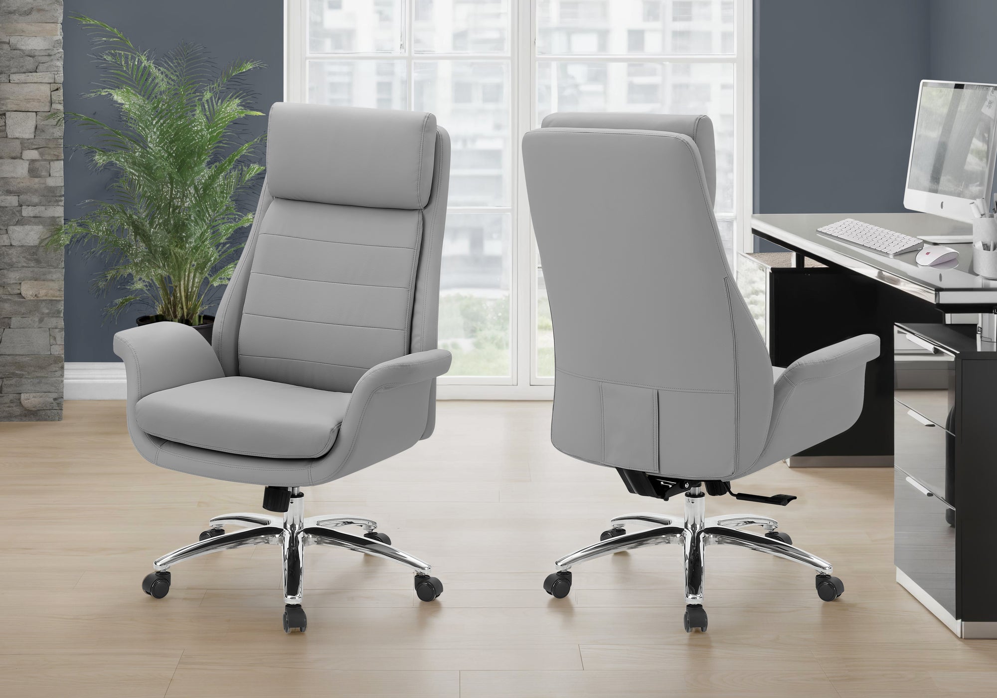 MN-617251    Office Chair, Adjustable Height, Armrests, Ergonomic, Swivel, Computer Desk, Work, Grey Leather Look, Chrome Metal, Contemporary, Modern