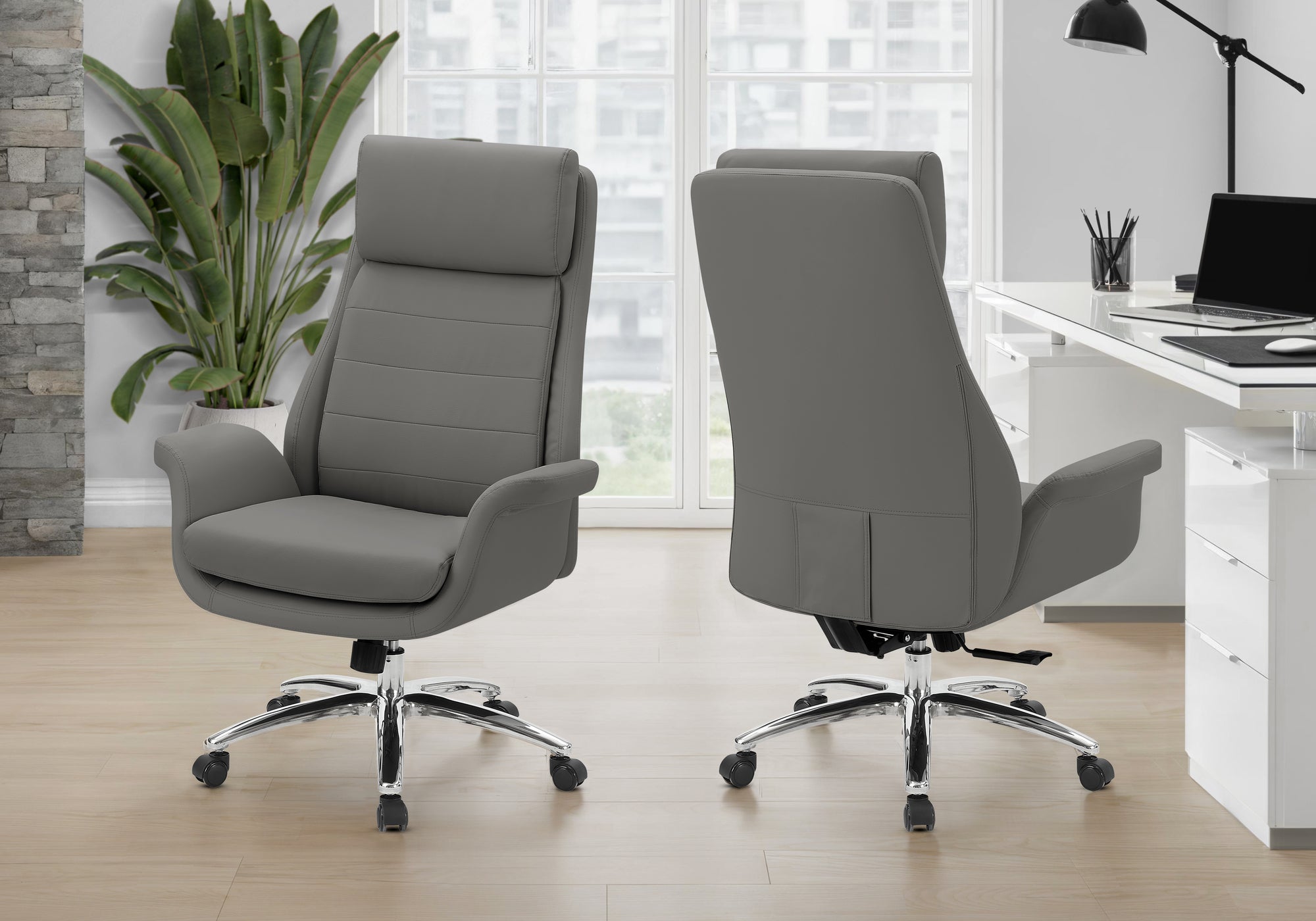 MN-G617252    Office Chair, Adjustable Height, Armrests, Ergonomic, Swivel, Computer Desk, Work, Dark Grey Leather-look, Chrome Metal, Contemporary, Modern