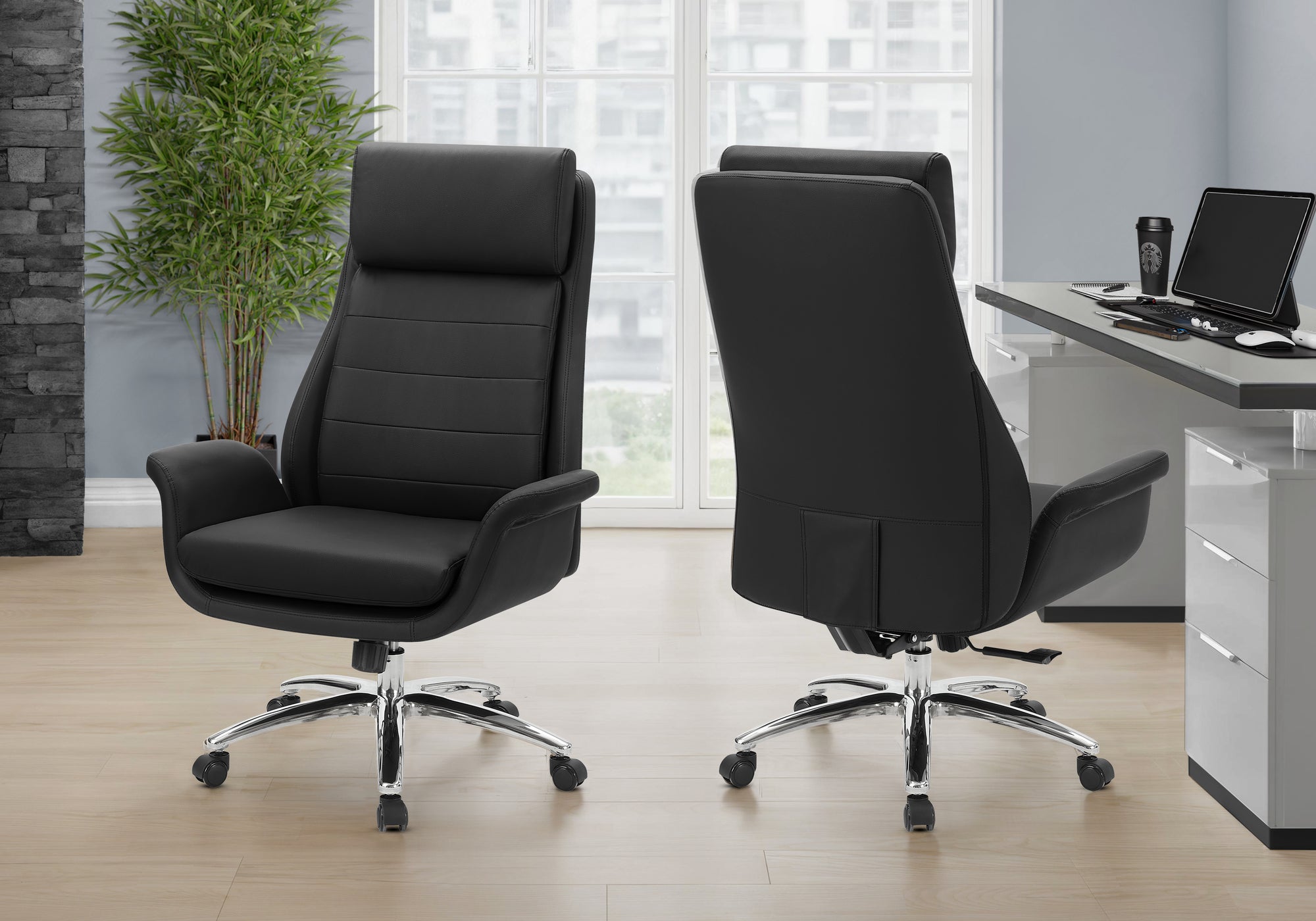 MN-G617253    Office Chair, Adjustable Height, Armrests, Ergonomic, Swivel, Computer Desk, Work, Black Leather Look, Chrome Metal, Contemporary, Modern