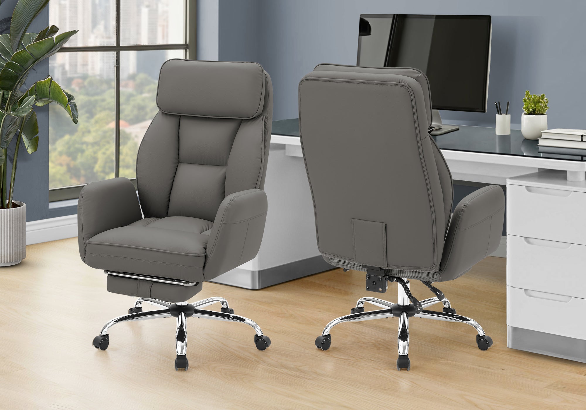 MN-767274    Office Chair, Adjustable Height, Armrests, Ergonomic, Swivel, Computer Desk, Work, Dark Grey Leather-look, Chrome Metal, Contemporary, Modern