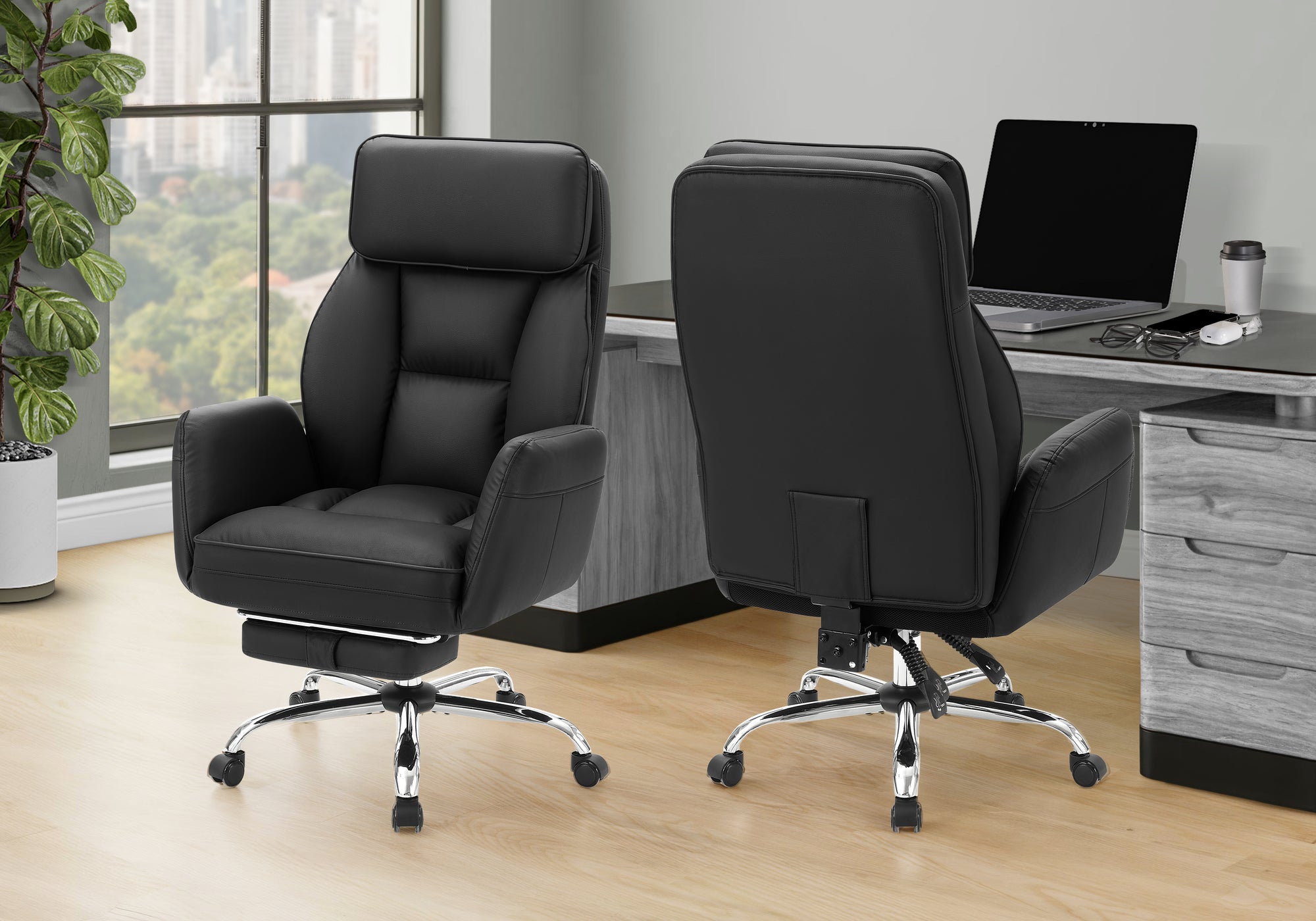 MN-T787275    Office Chair, Adjustable Height, Armrests, Ergonomic, Swivel, Computer Desk, Work, Black Leather Look, Chrome Metal, Contemporary, Modern