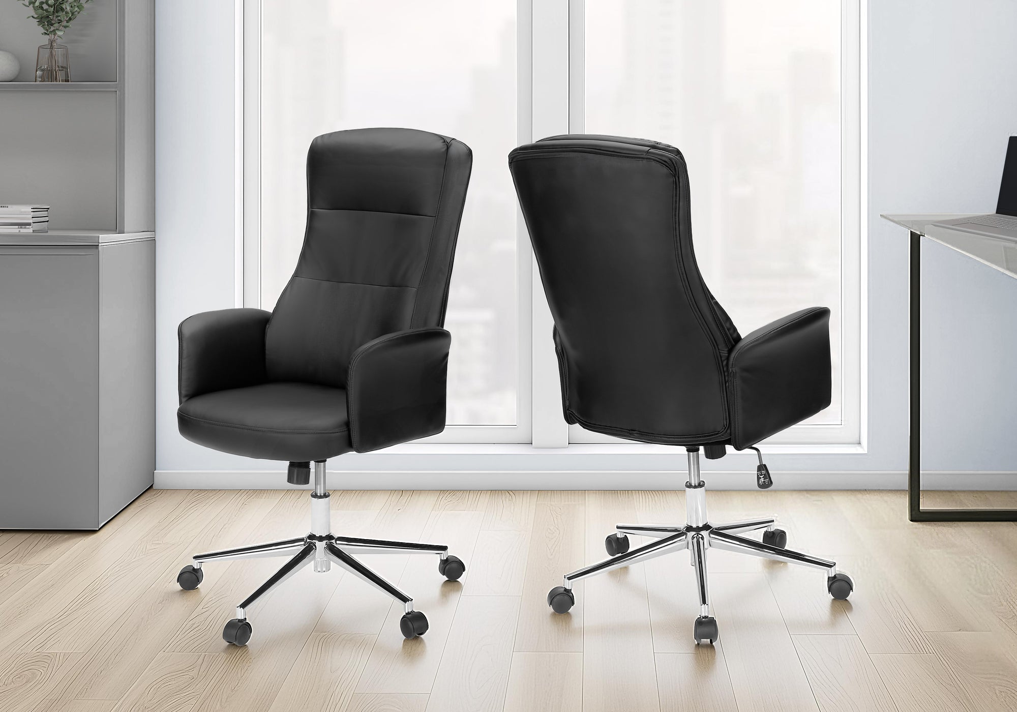 MN-S927323    Office Chair, Swivel, Adjustable Height, Armrests, Ergonomic, Work, Black Leather Look, Chrome Metal, Contemporary, Modern