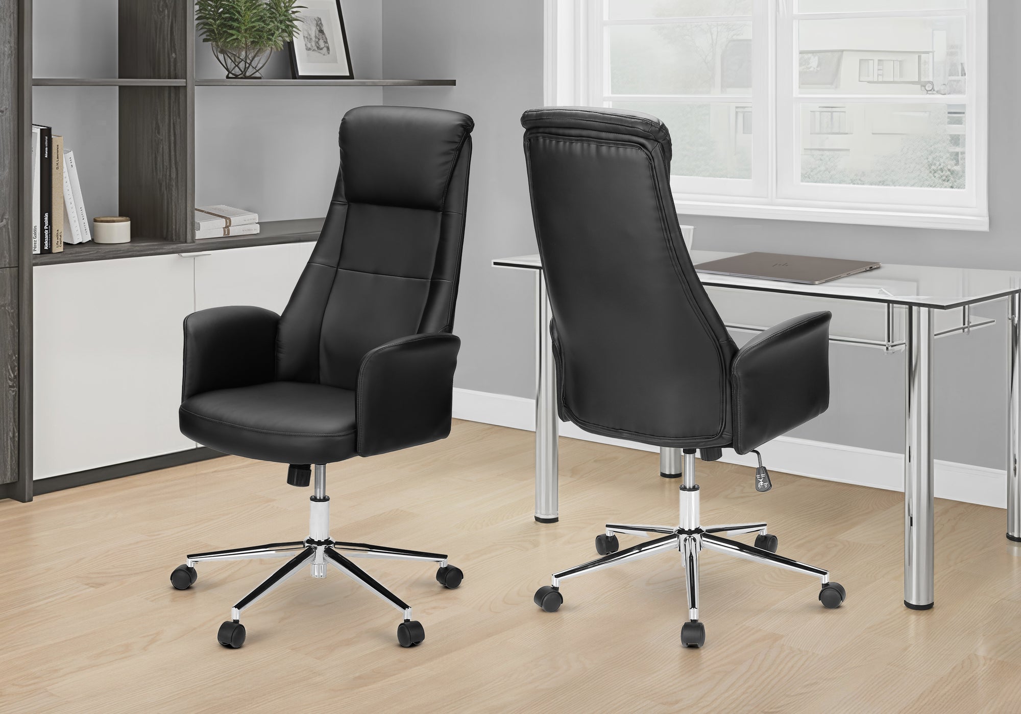 MN-T127344    Office Chair, Adjustable Height, Ergonomic, Swivel, Armrests, Work, Black Leather Look, Chrome Metal, Contemporary, Modern