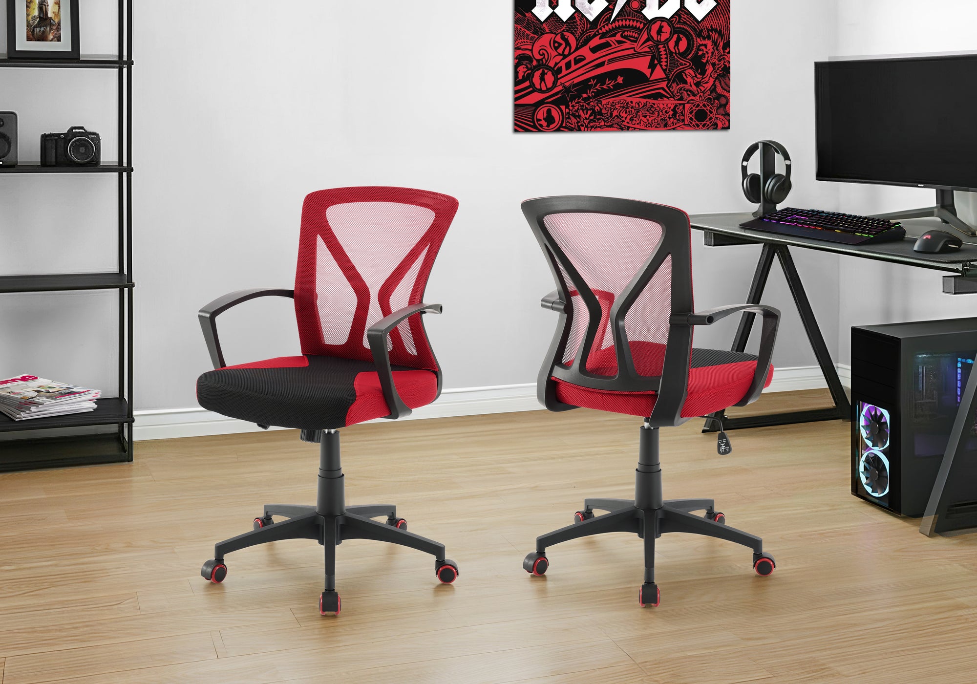 MN-P187357    Office Chair, Adjustable Height, Swivel, Ergonomic, Armrests, Computer Desk, Work, Red Mesh, Black Metal, Contemporary, Modern