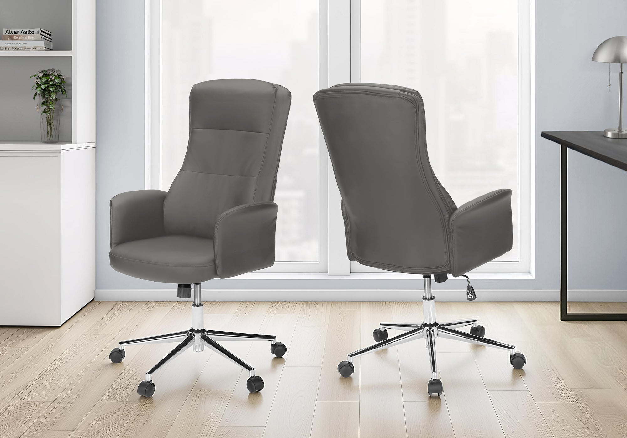 MN-S927375    Office Chair, Swivel, Adjustable Height, Armrests, Ergonomic, Work, Grey Leather Look, Chrome Metal, Contemporary, Modern