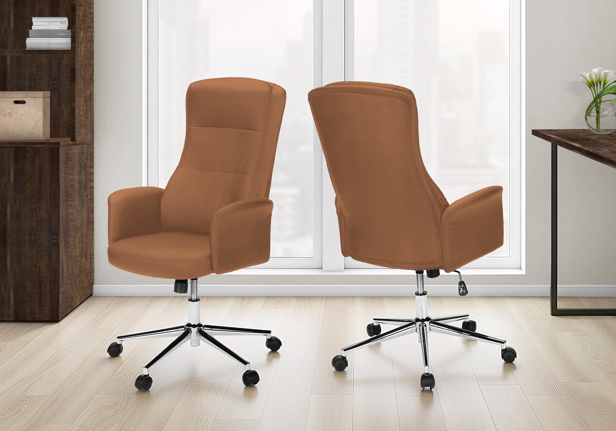 MN-S927378    Office Chair, Swivel, Adjustable Height, Armrests, Ergonomic, Work, Brown Leather-look, Chrome Metal, Contemporary, Modern