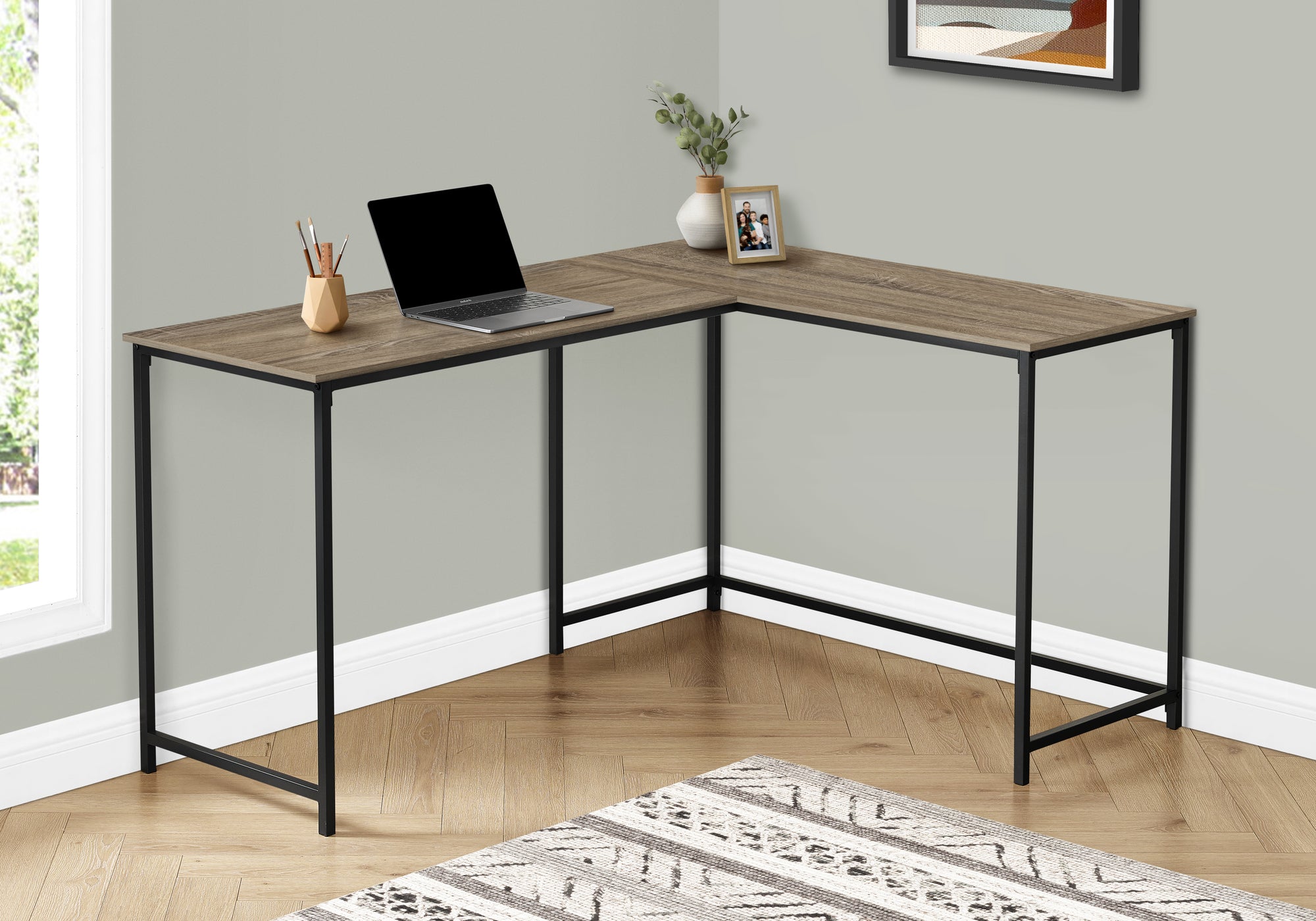MN-G427398    Computer Desk, Home Office, Corner, 58" L Shape, Work, Laptop, Brown Laminate, Black Metal, Contemporary, Modern
