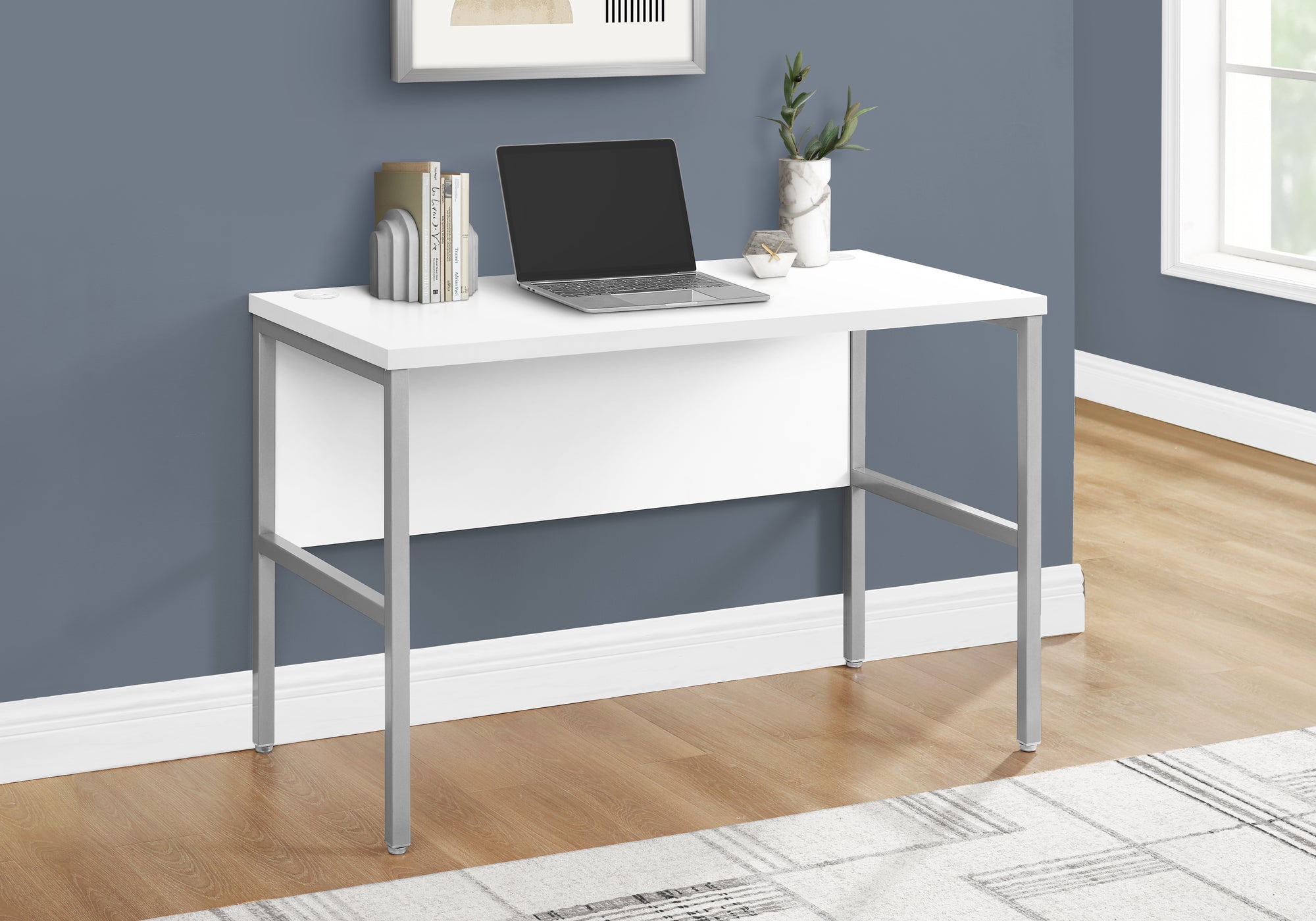 MN-K197726    Computer Desk, 48"L, Work, Home Office, Commercial Grade, White Laminate, Silver Metal, Contemporary