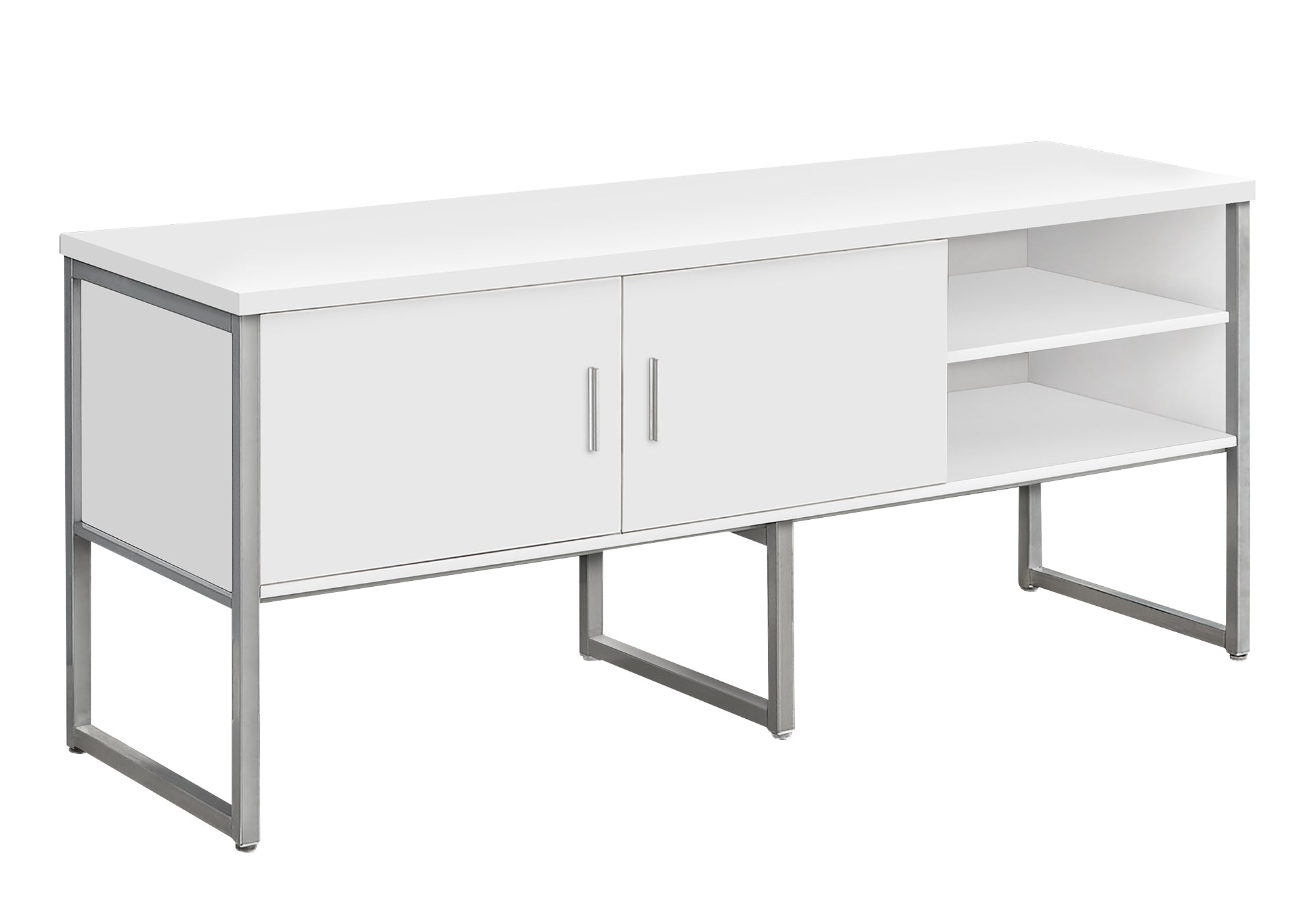 MN-C217727    Office Credenza, 72"L, Home Office, Work, Storage Doors, Commercial Grade, White Laminate, Silver Metal, Contemporary