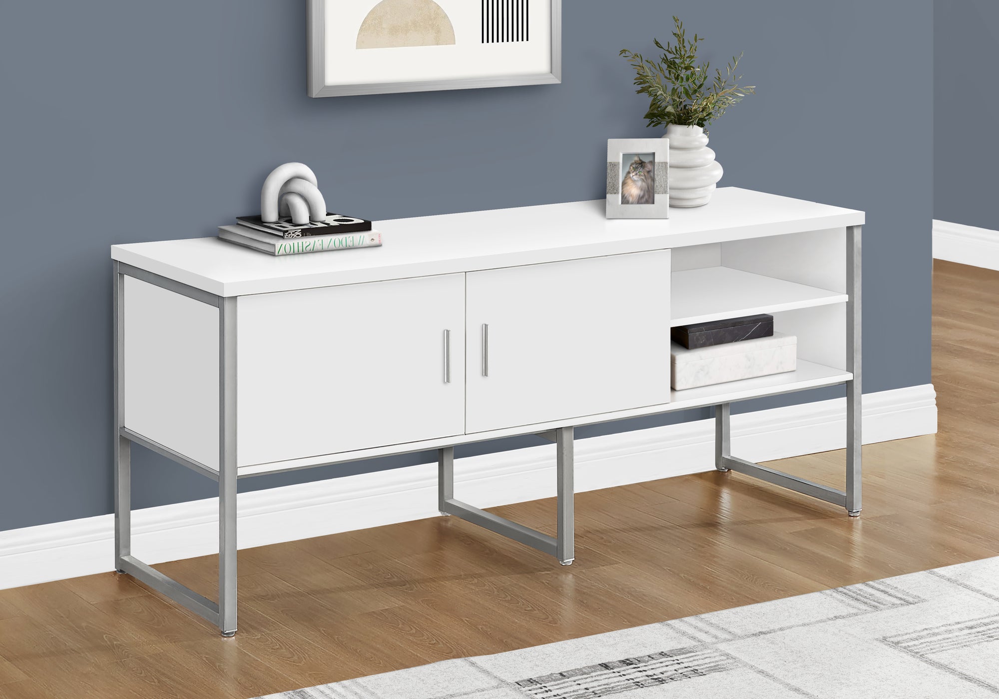 MN-C217727    Office Credenza, 72"L, Home Office, Work, Storage Doors, Commercial Grade, White Laminate, Silver Metal, Contemporary