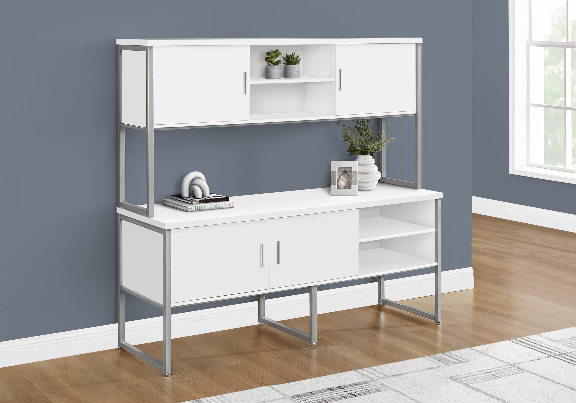 MN-C217727    Office Credenza, 72"L, Home Office, Work, Storage Doors, Commercial Grade, White Laminate, Silver Metal, Contemporary
