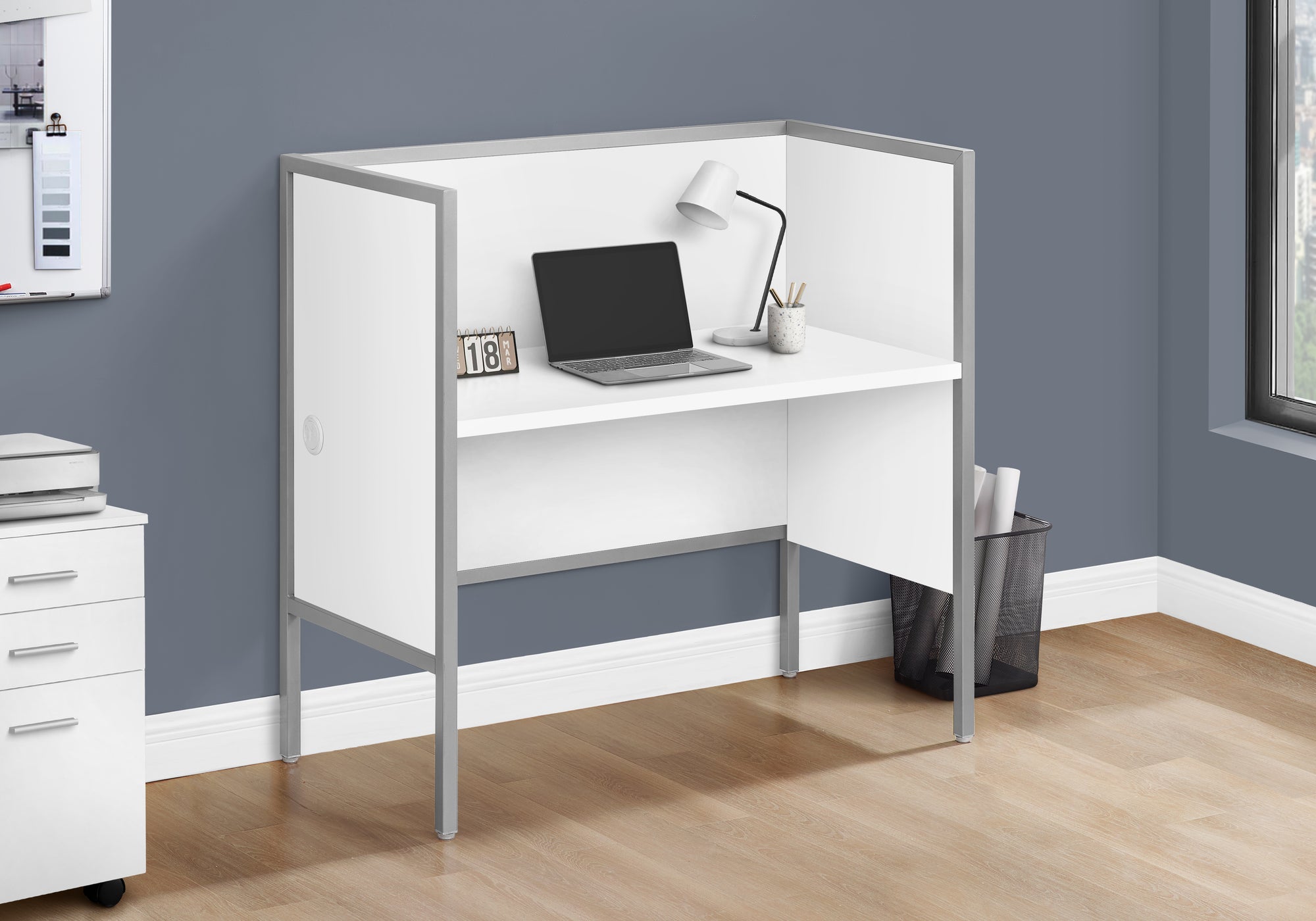 MN-R177729    Office Cubicle, 48"L, Desk, Work, Commercial Grade, White Laminate, Silver Metal, Contemporary, Modern