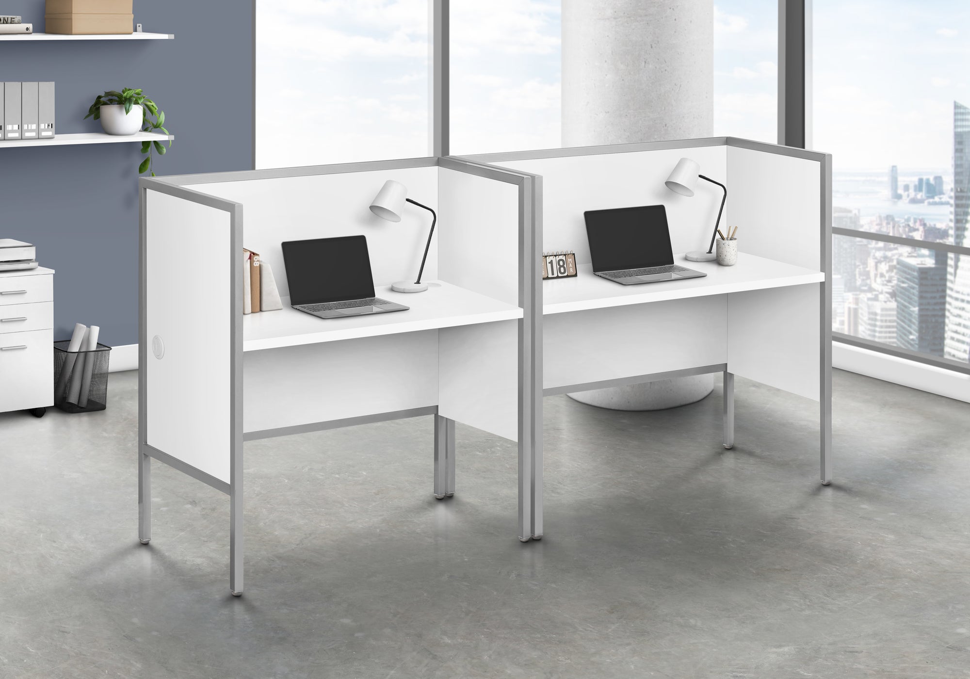 MN-R177729    Office Cubicle, 48"L, Desk, Work, Commercial Grade, White Laminate, Silver Metal, Contemporary, Modern