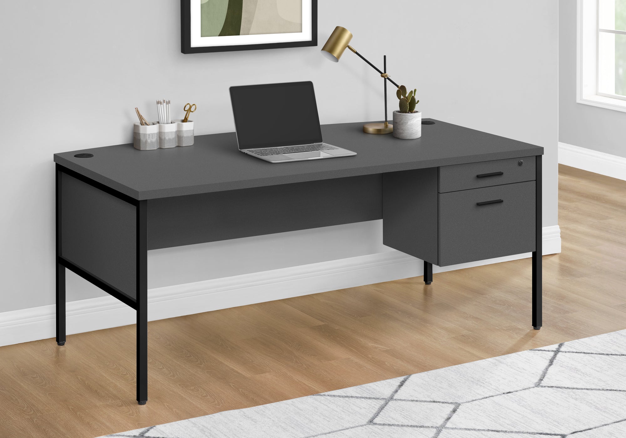 MN-F137730    Computer Desk, 72"L, Home Office, Work, Laptop, Commercial Grade, File Storage Drawer, Grey Laminate, Black Metal, Contemporary, Modern