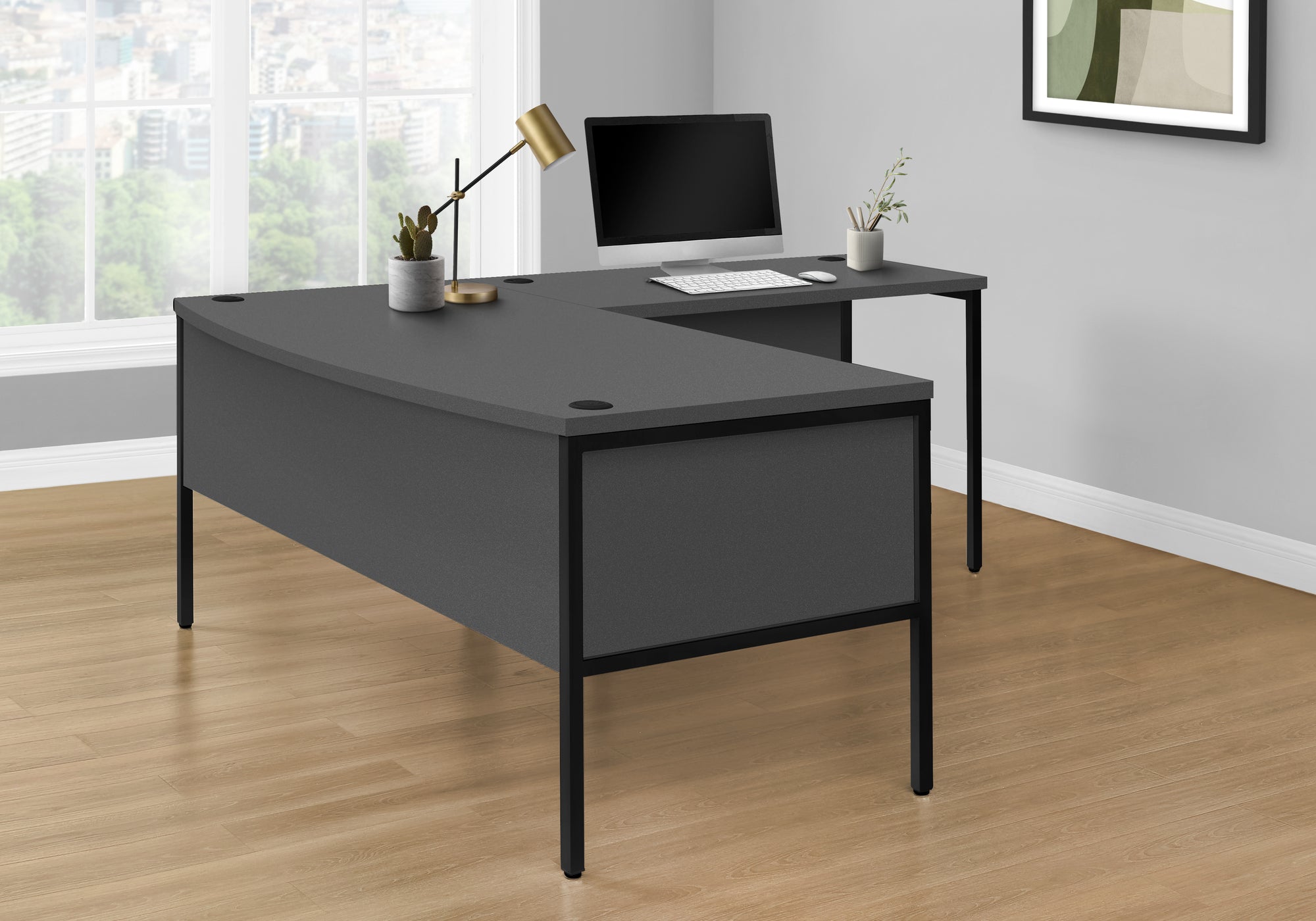 MN-F137730    Computer Desk, 72"L, Home Office, Work, Laptop, Commercial Grade, File Storage Drawer, Grey Laminate, Black Metal, Contemporary, Modern