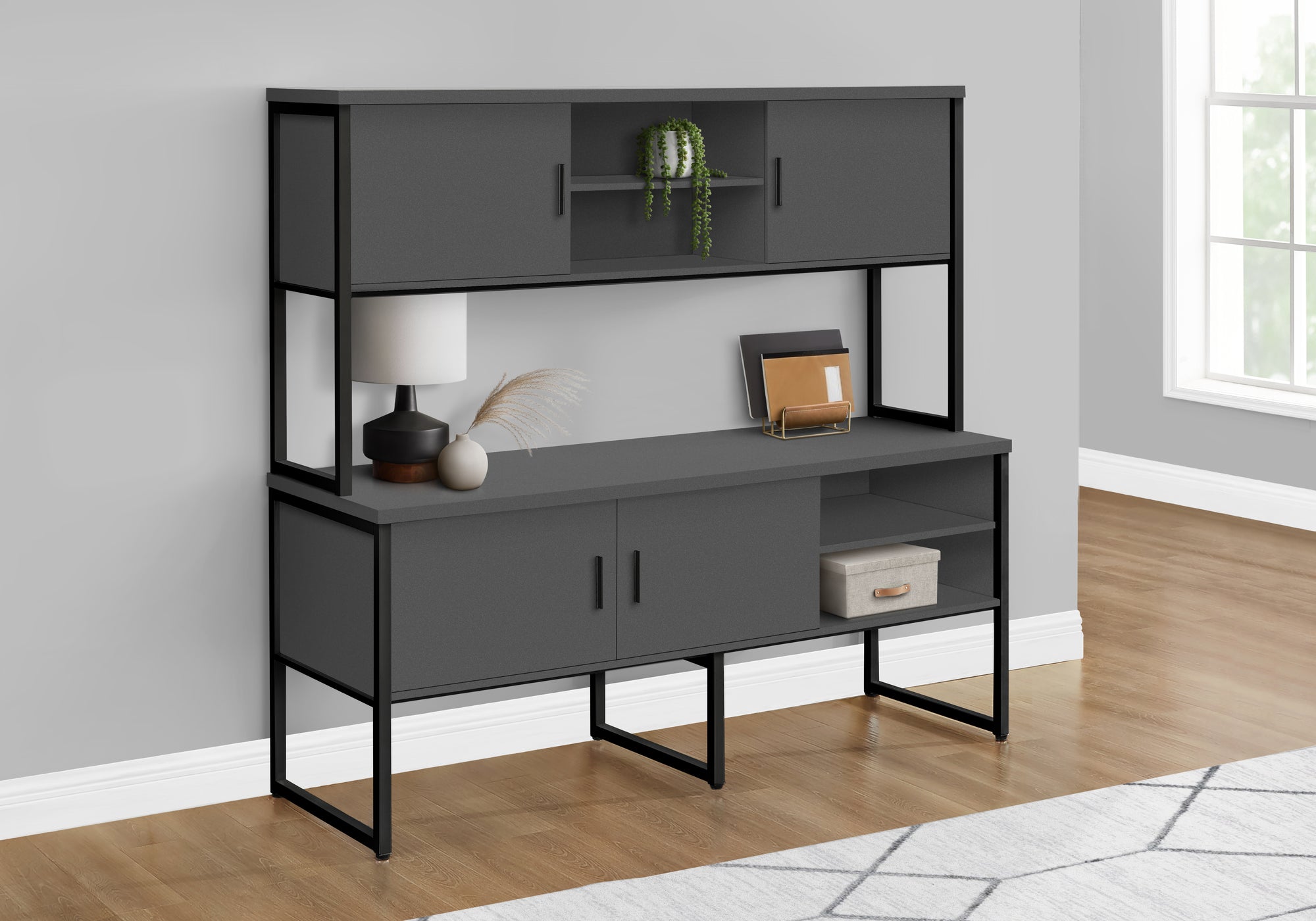 MN-C217732    Office Credenza, 72"L, Home Office, Work, Storage Doors, Commercial Grade, Grey Laminate, Black Metal, Contemporary, Modern
