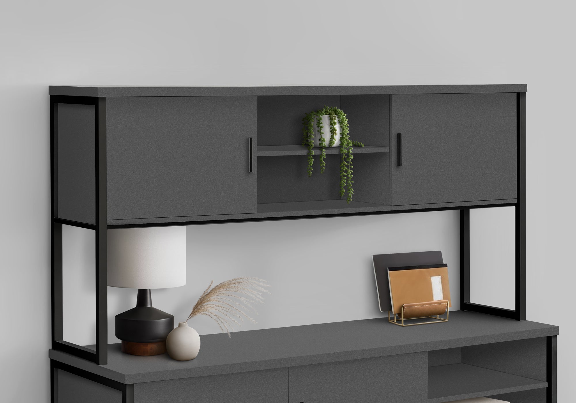 MN-Z217733    Office Hutch, 72"L, Work, Storage Doors, Home Office, Commercial Grade, Grey Laminate, Black Metal, Contemporary, Modern