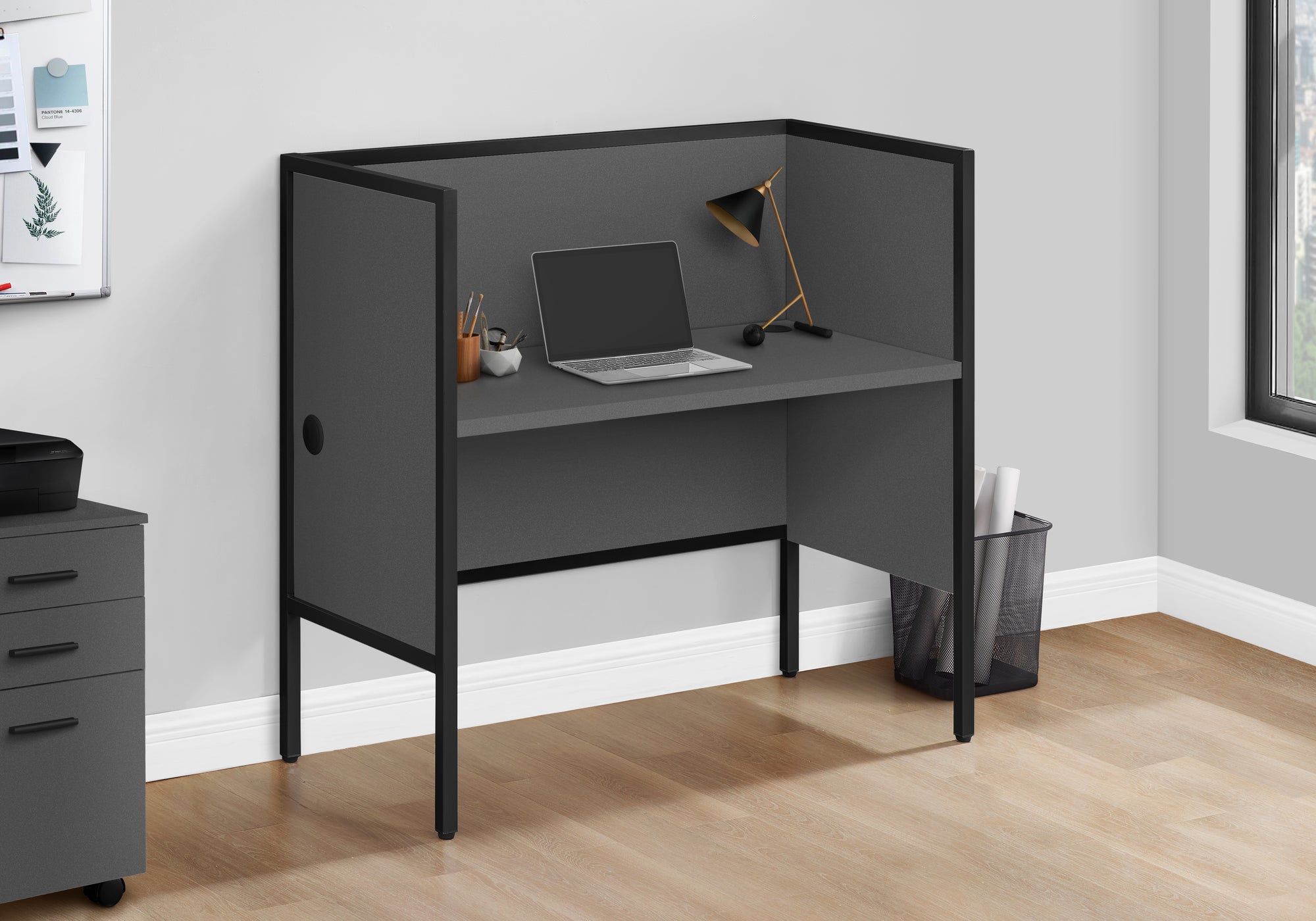MN-R177734    Office Cubicle, 48"L, Desk, Work, Commercial Grade, Grey Laminate, Black Metal, Contemporary, Modern