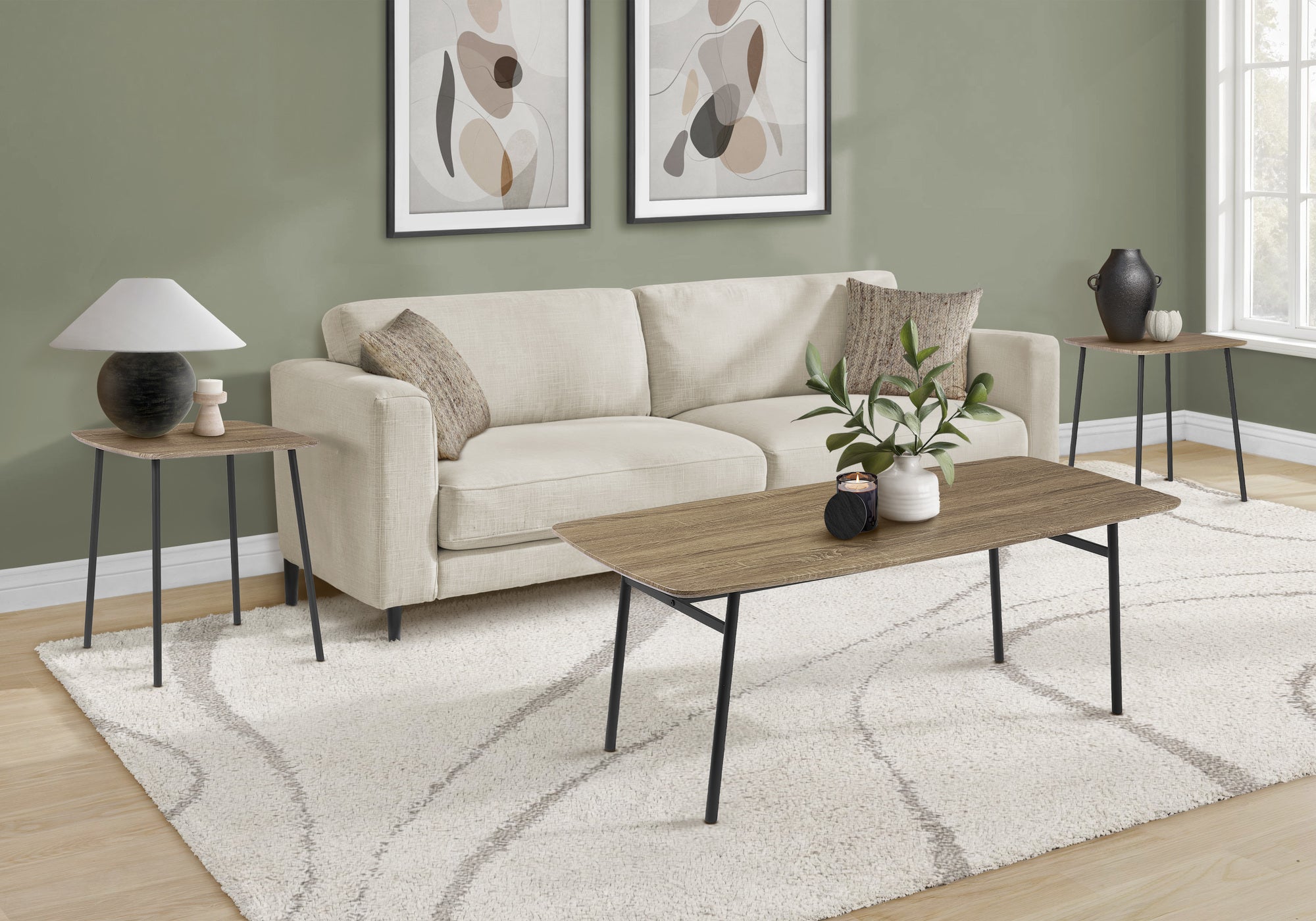MN-867805P    Table Set, 3pcs Set, Coffee, End, Living Room, Dark Taupe Laminate, Black Metal, Contemporary, Modern