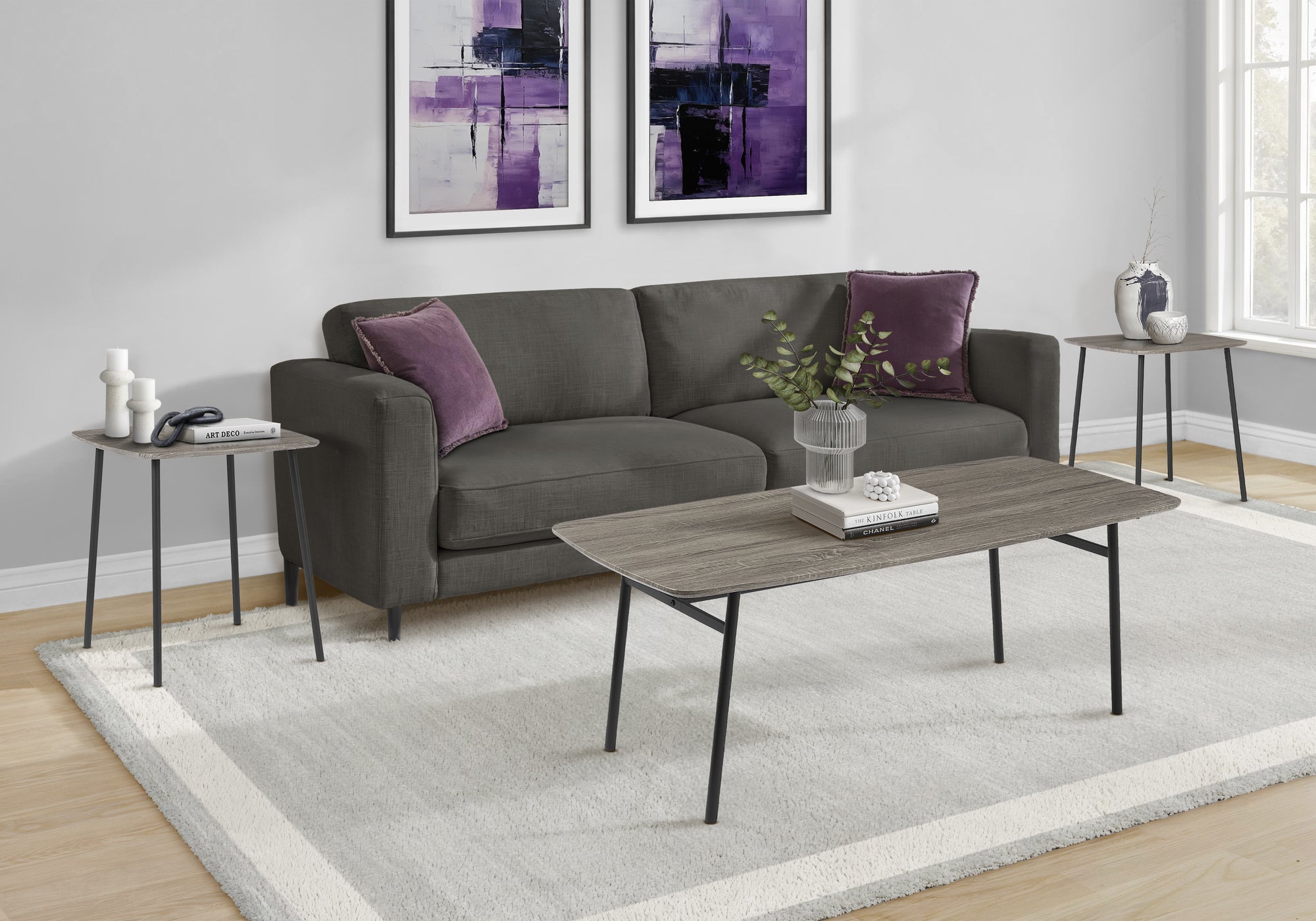MN-877806P    Table Set, 3pcs Set, Coffee, End, Living Room, Grey Laminate, Black Metal, Contemporary, Modern