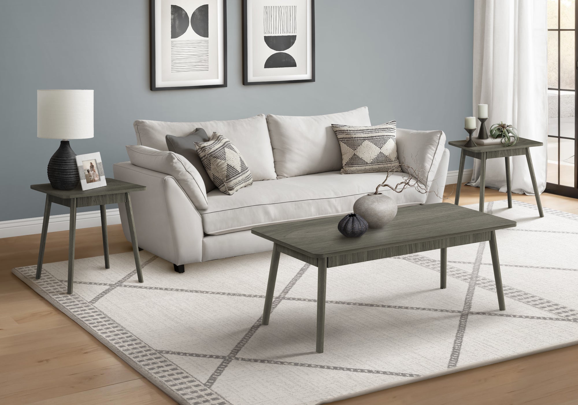MN-R787851P    Table Set, 3pcs Set, Coffee, End, Side, Accent, Living Room, Grey Laminate, Mid Century, Modern