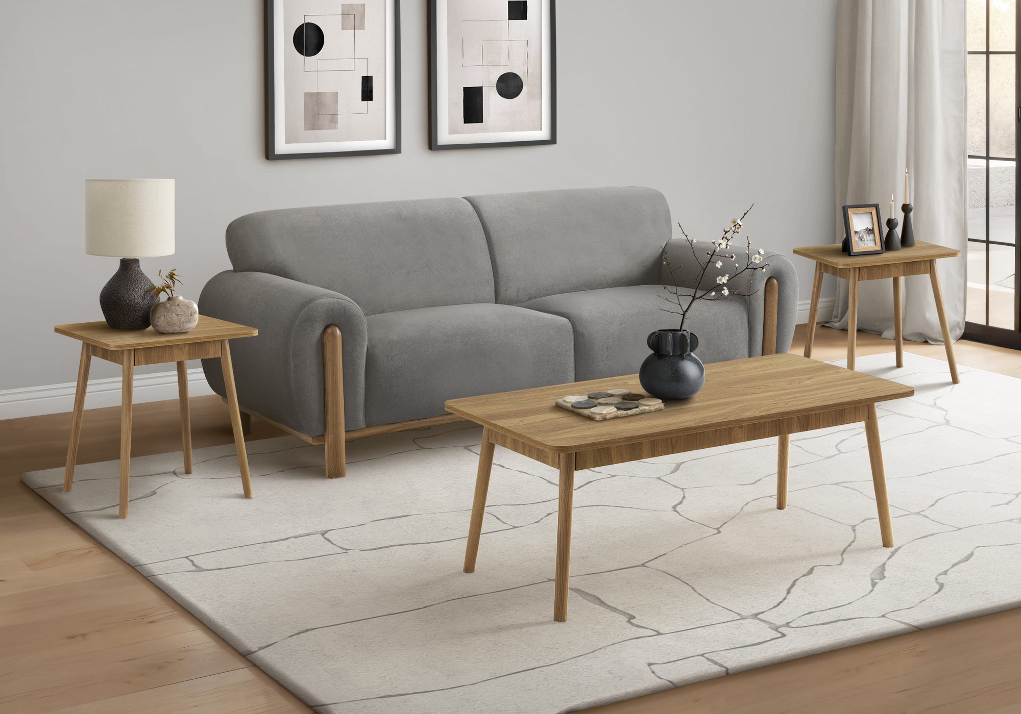 MN-R787855P    Table Set, 3pcs Set, Coffee, End, Side, Accent, Living Room, Light Walnut, Mid Century, Modern