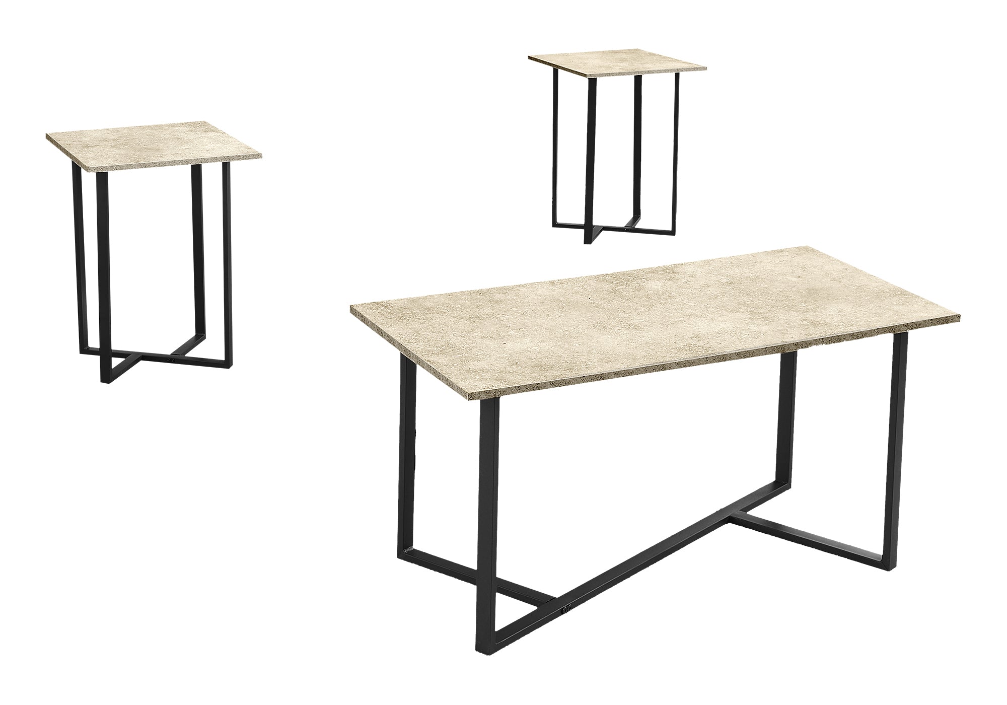 MN-Y897974P    Table Set, 3pcs Set, Coffee, End, Living Room, Cream Stone Laminate, Black Metal, Contemporary, Modern