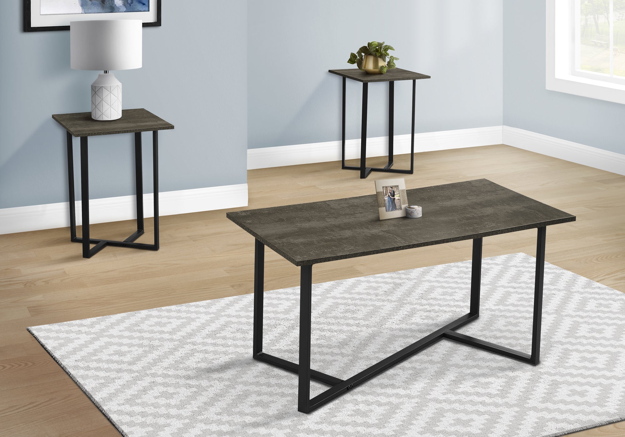 MN-Y897975P    Table Set, 3pcs Set, Coffee, End, Living Room, Dark Bronze Laminate, Black Metal, Contemporary, Modern