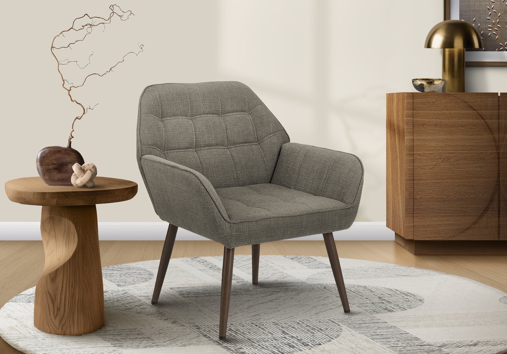 MN-P228000    Accent Chair, 29"h, Upholstered, Living Room, Light Brown Fabric, Walnut Metal Legs, Contemporary, Modern