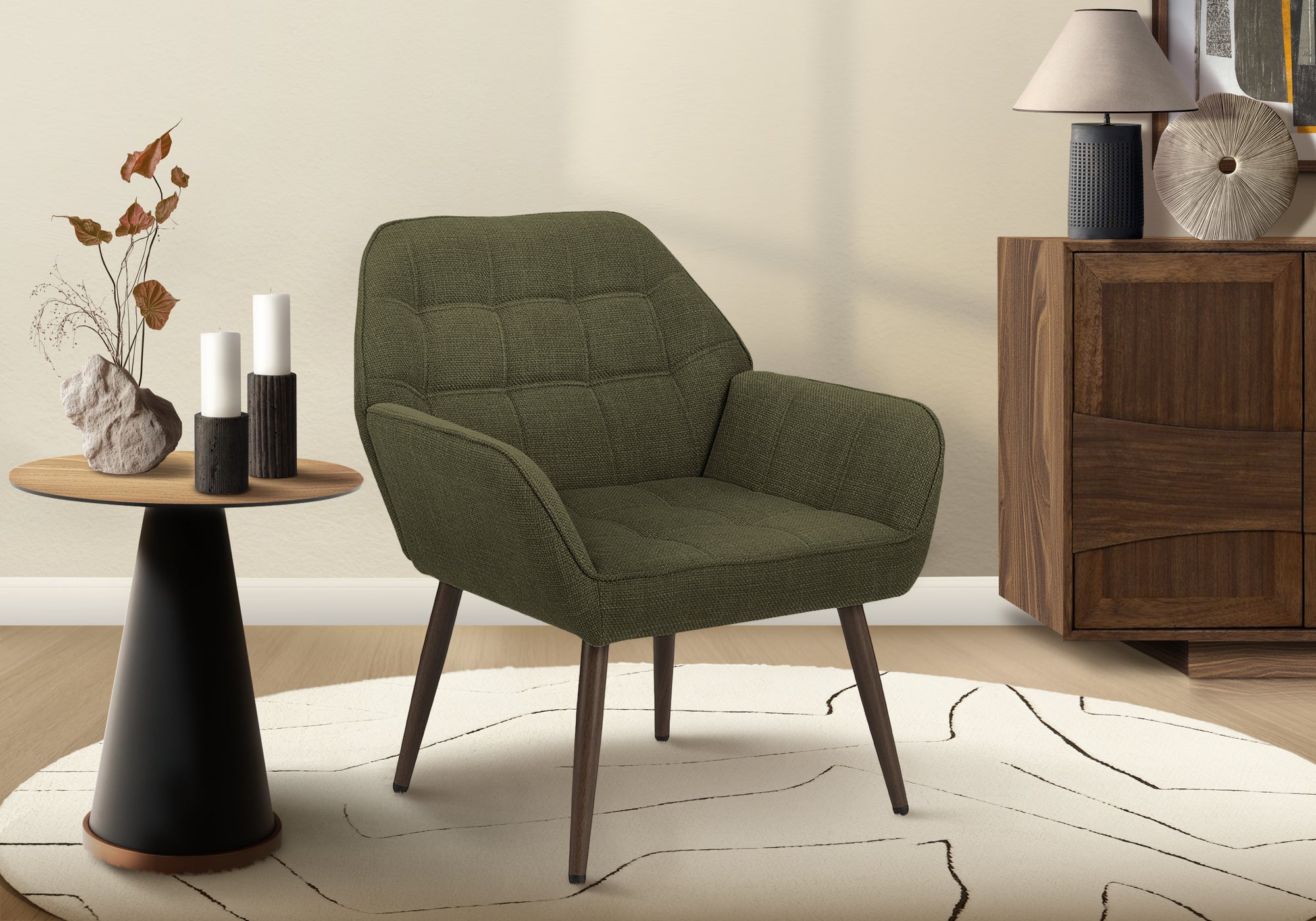 MN-P228001    Accent Chair, 29"h, Upholstered, Living Room, Dark Green Fabric, Walnut Metal Legs, Contemporary, Modern