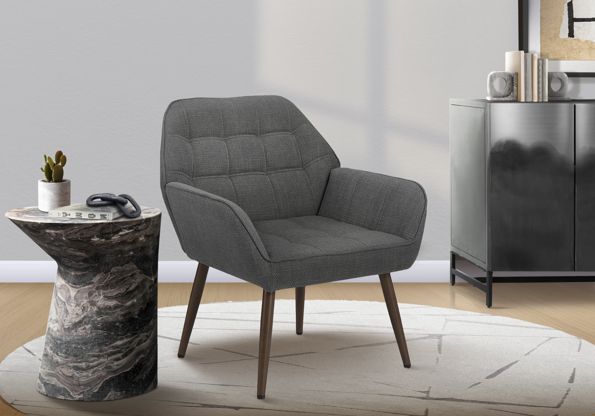 MN-P228005    Accent Chair, 29"h, Upholstered, Living Room, Light Grey Fabric, Walnut Metal Legs, Contemporary, Modern
