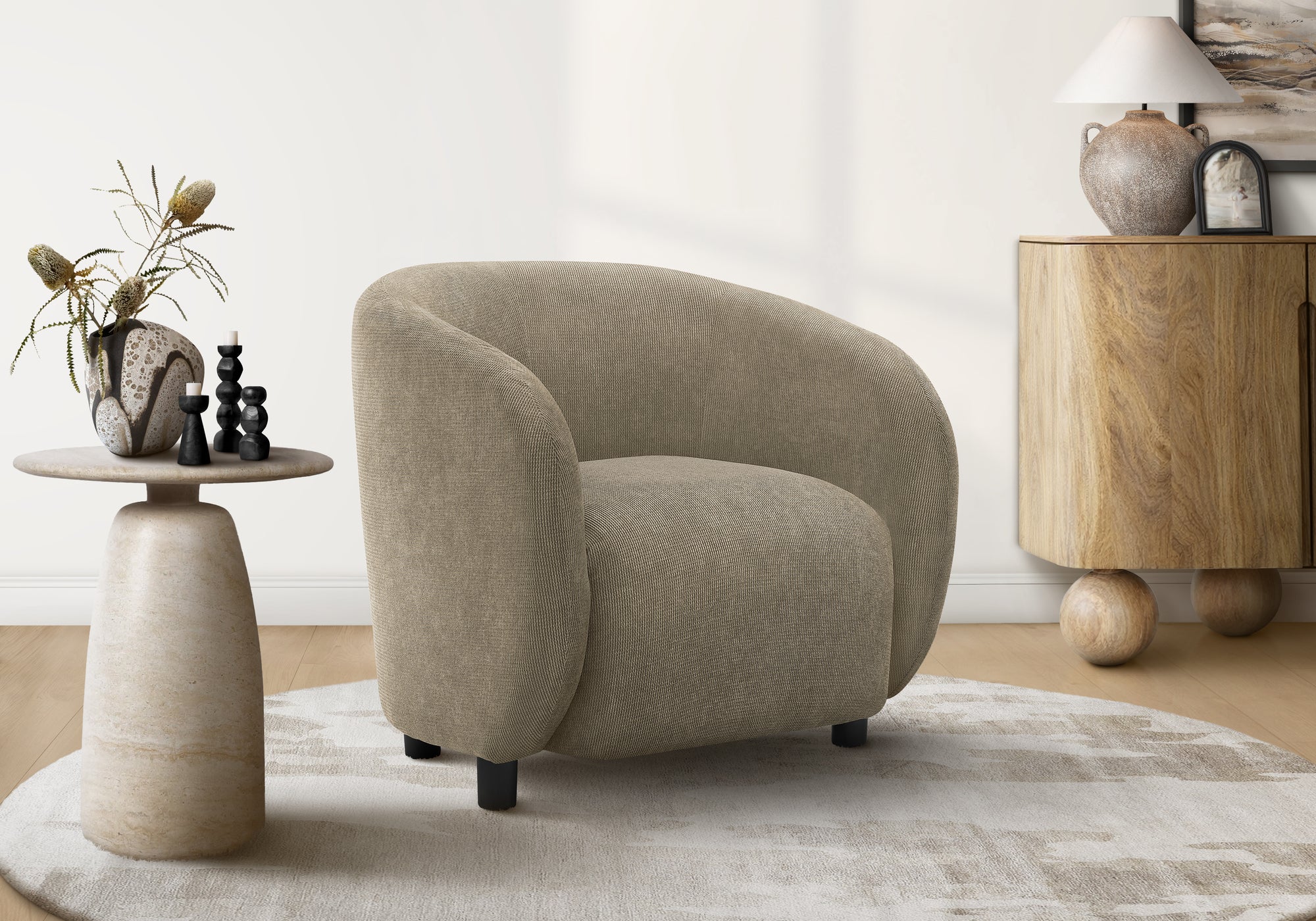 MN-M308064    Accent Chair, 29"h, Upholstered, Living Room, Bedroom, Light Brown Fabric, Black Legs, Contemporary, Modern
