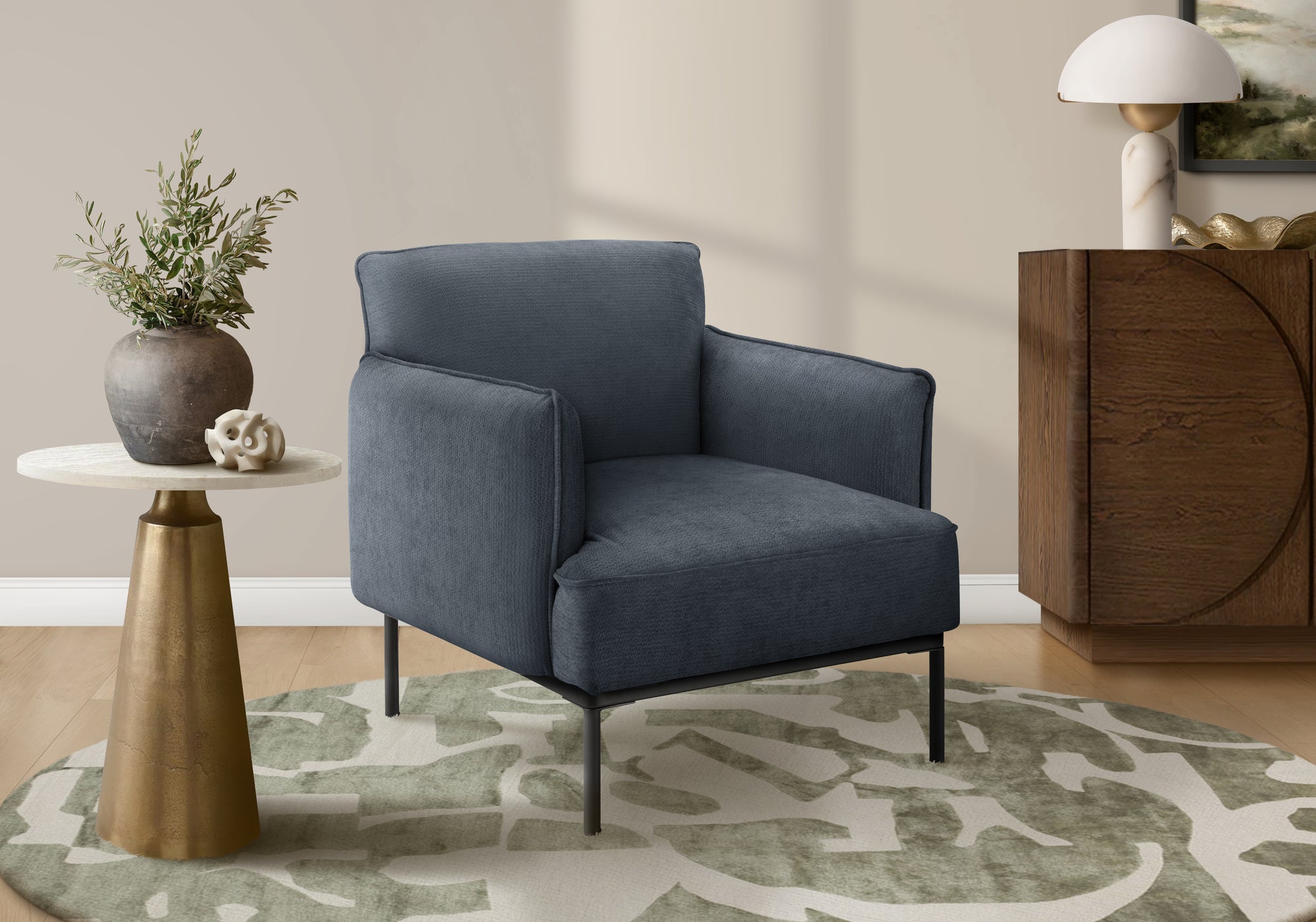 MN-L338082    Accent Chair, 33" H, Upholstered, Living Room, Bedroom, Blue Fabric, Black Metal Legs, Contemporary, Modern