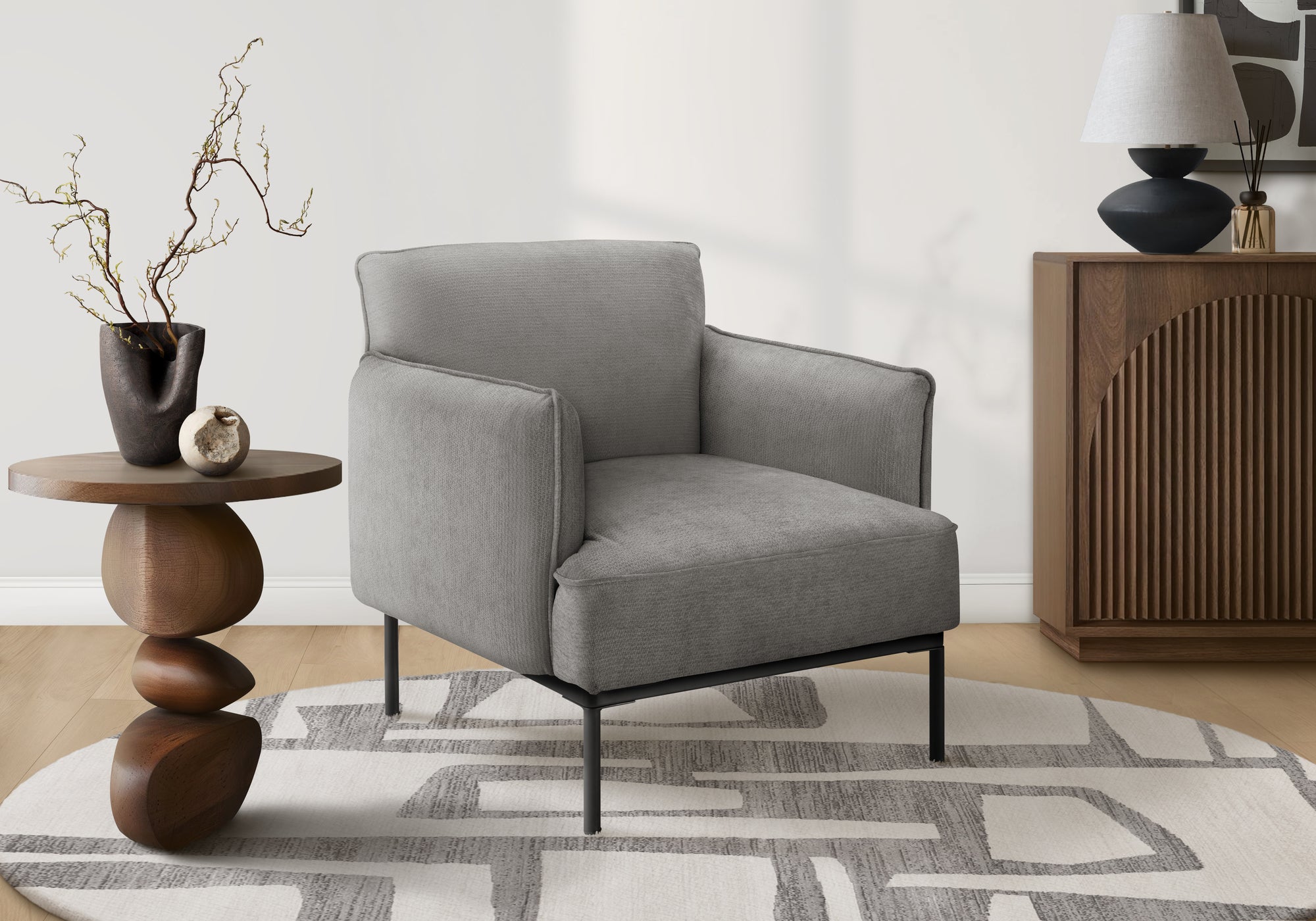 MN-L338083    Accent Chair, 33" H, Upholstered, Living Room, Bedroom, Light Grey Fabric, Black Metal Legs, Contemporary, Modern