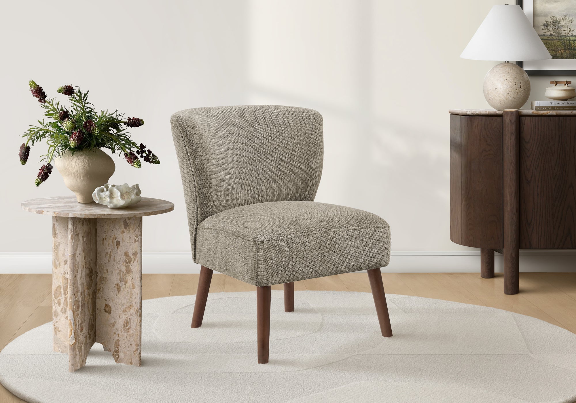MN-378086    Accent Chair, 33" H, Upholstered, Living Room, Bedroom, Light Brown Fabric, Walnut Solid Wood Legs, Mid Century, Modern