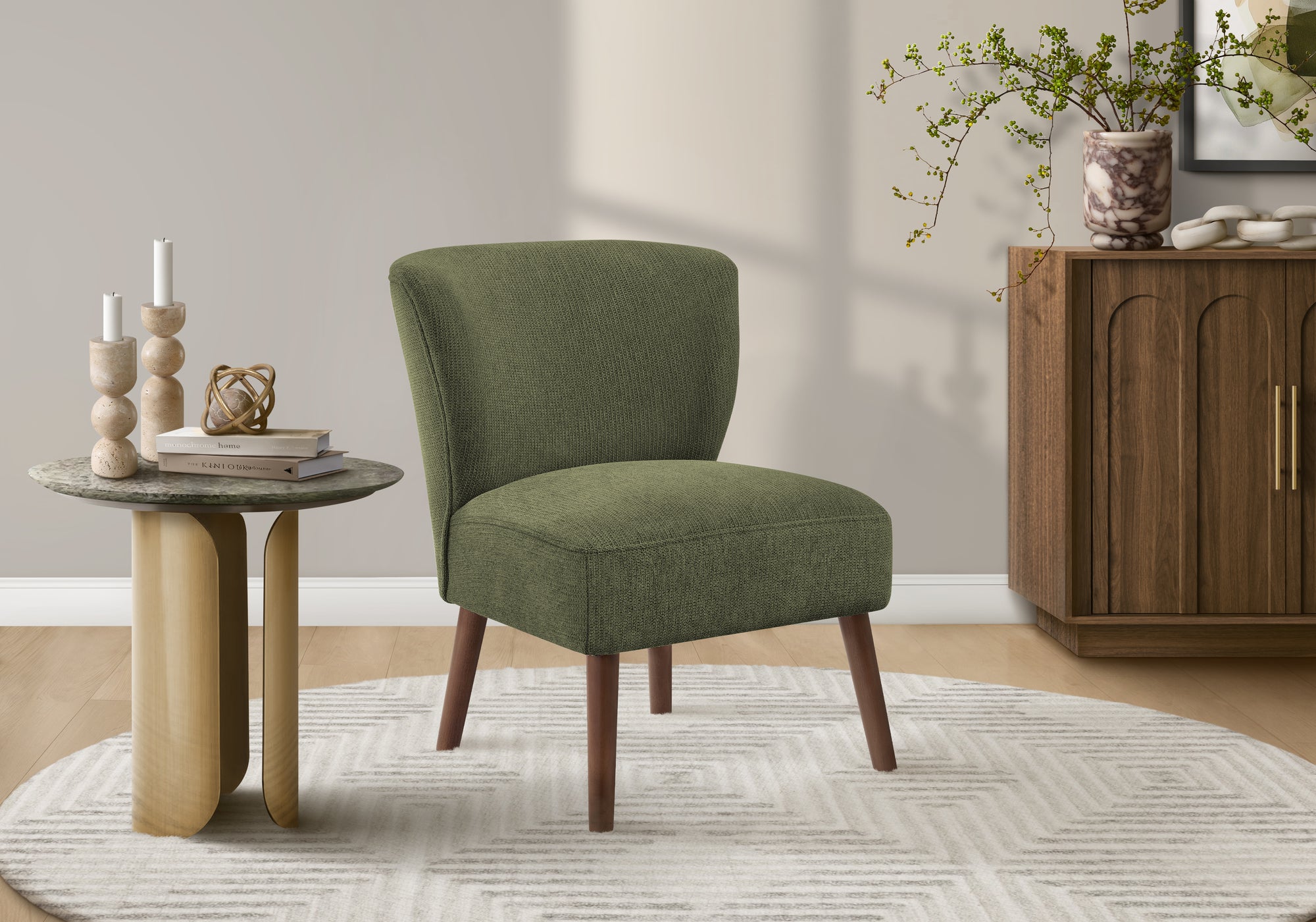 MN-K368087    Accent Chair, 33" H, Upholstered, Living Room, Bedroom, Green Fabric, Walnut Solid Wood Legs, Mid Century, Modern