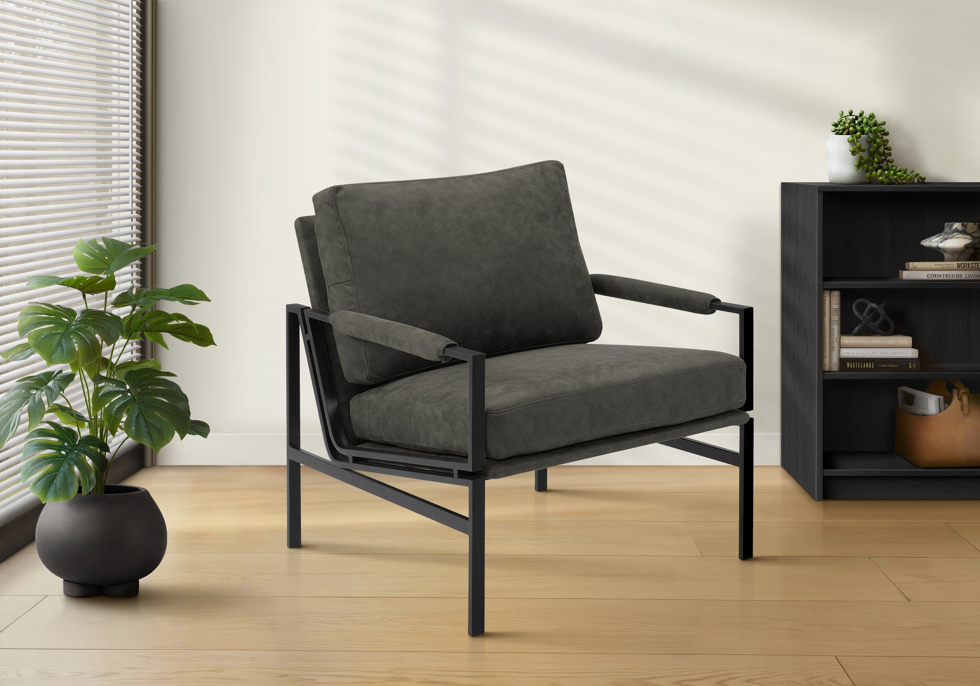 MN-788100    Accent Chair, 36"h, Upholstered, Dark Grey Fabric, Black Metal Legs, Contemporary, Modern