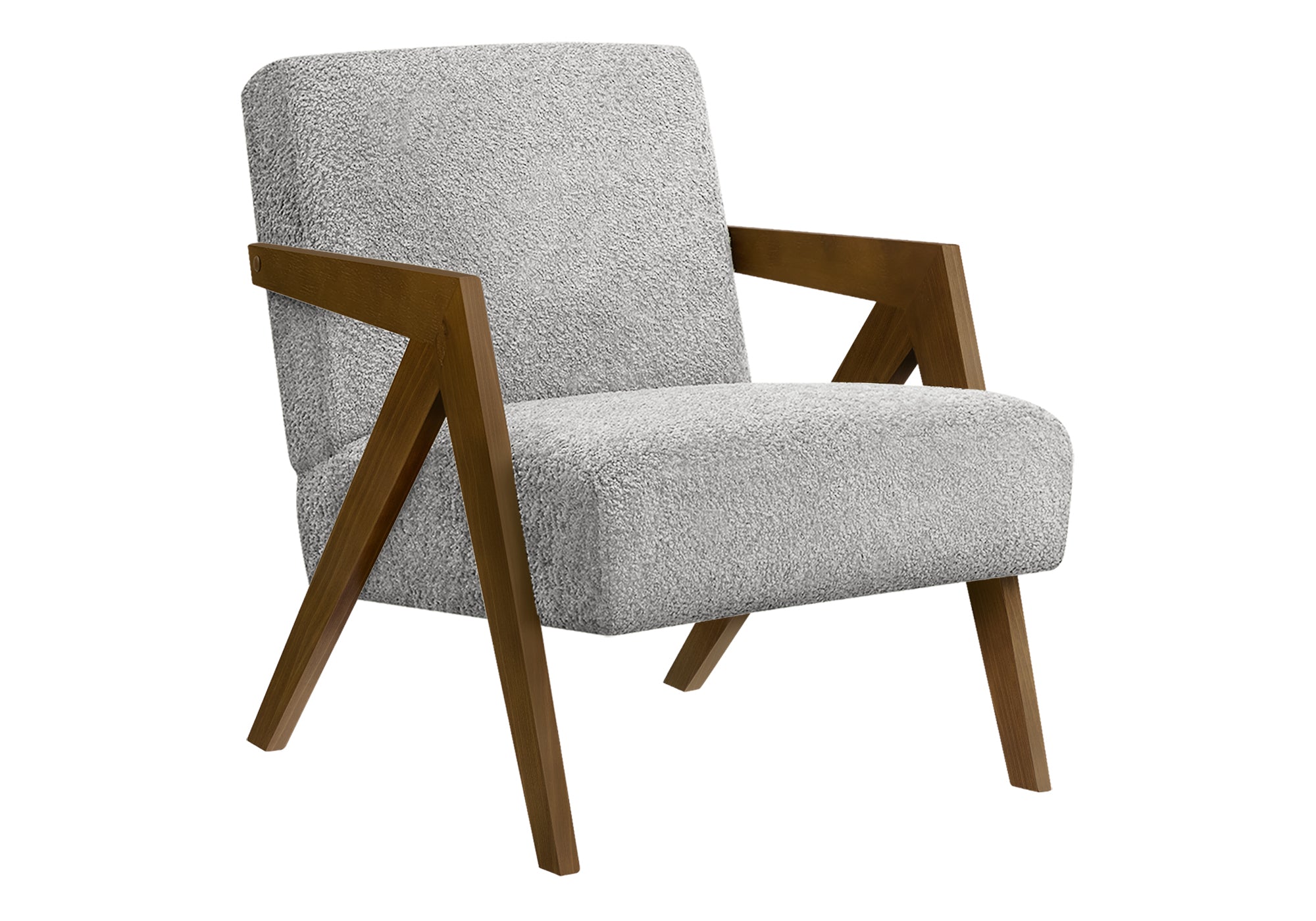MN-J478300    Accent Chair, 30"h, Upholstered, Living Room, Bedroom, Light Grey Fabric, Brown Walnut Solid Wood, Modern, Mid Century