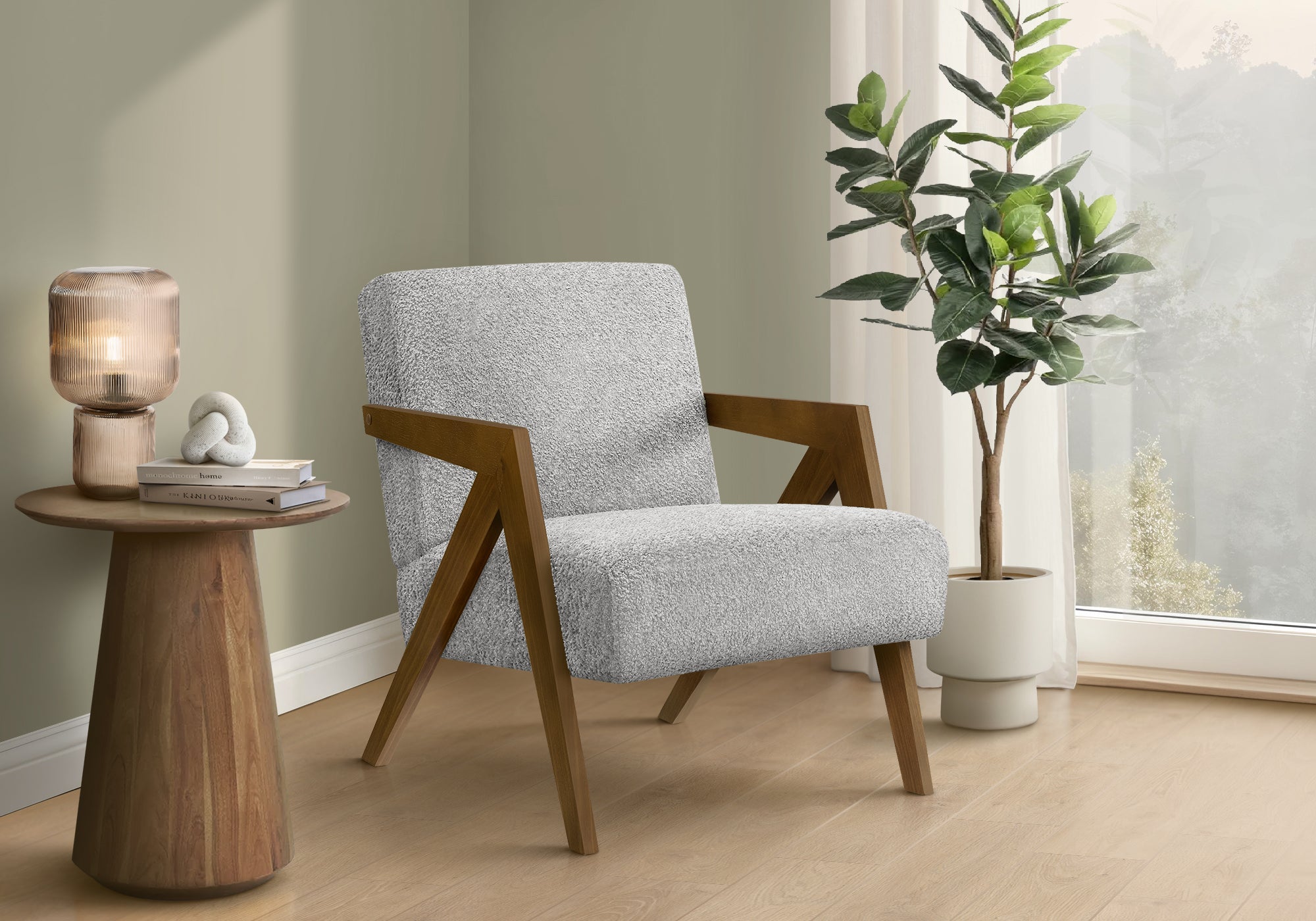MN-J478300    Accent Chair, 30"h, Upholstered, Living Room, Bedroom, Light Grey Fabric, Brown Walnut Solid Wood, Modern, Mid Century