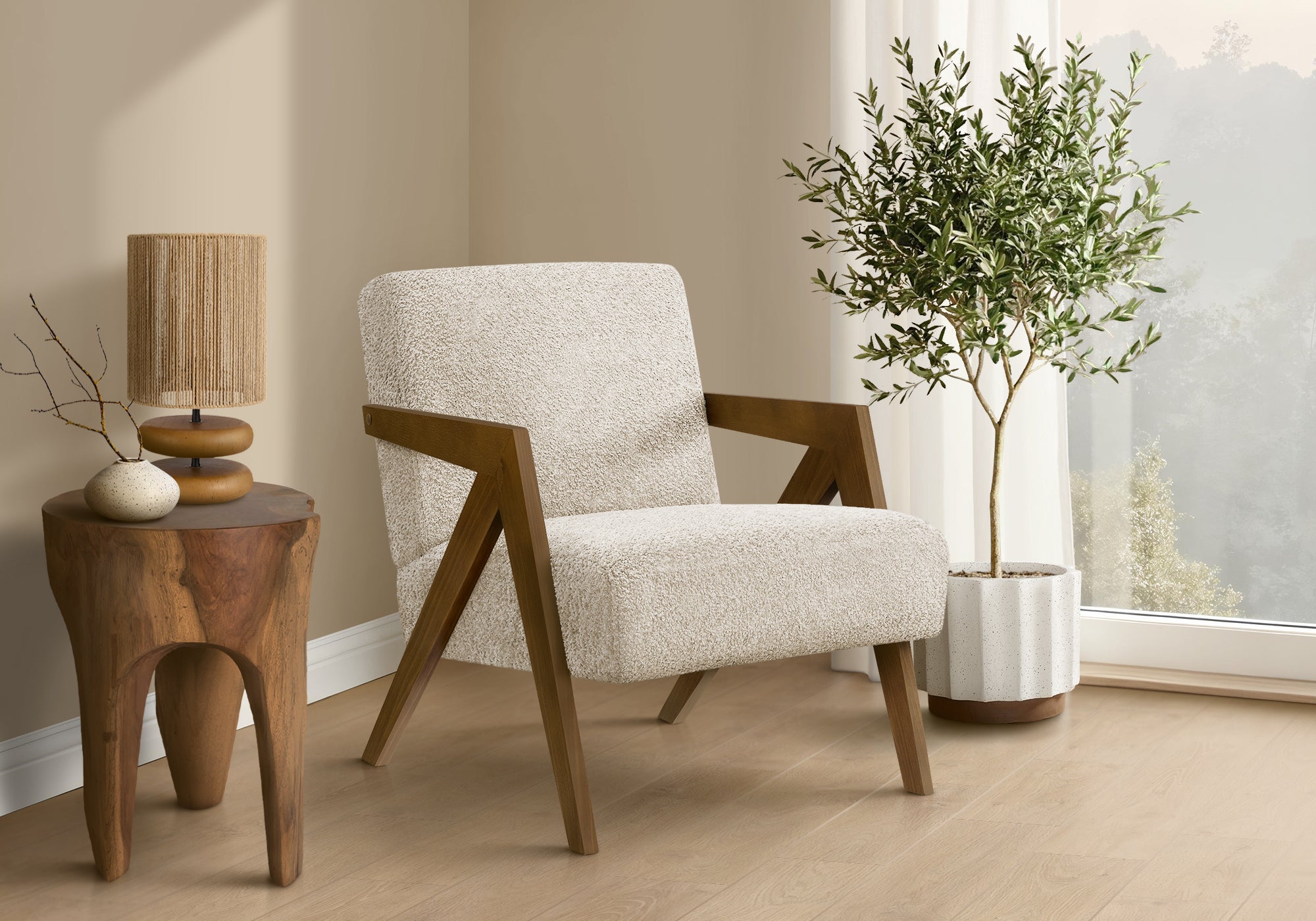 MN-J478301    Accent Chair, 30"h, Upholstered, Living Room, Bedroom, Cream Fabric, Brown Walnut Solid Wood, Modern, Mid Century