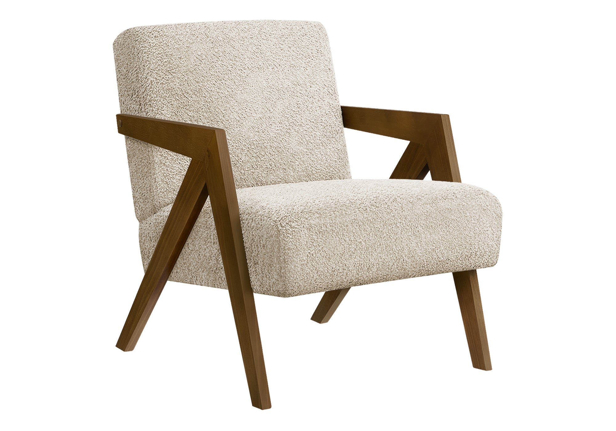 MN-J478301    Accent Chair, 30"h, Upholstered, Living Room, Bedroom, Cream Fabric, Brown Walnut Solid Wood, Modern, Mid Century