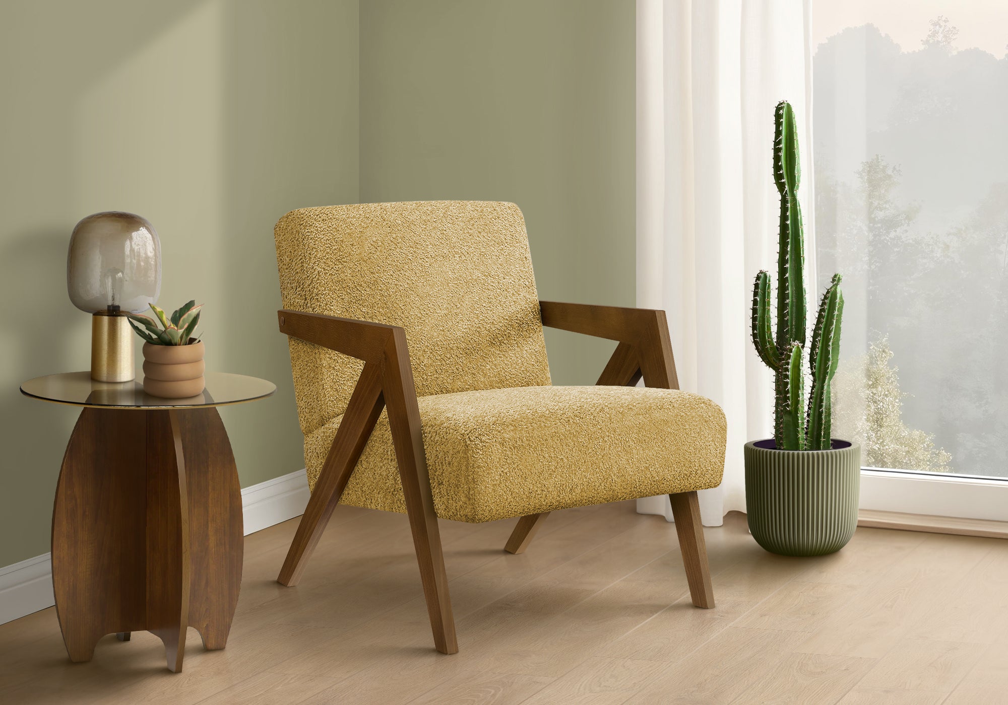MN-J478302    Accent Chair, 30"h, Upholstered, Living Room, Bedroom, Yellow Fabric, Brown Walnut Solid Wood, Modern, Mid Century